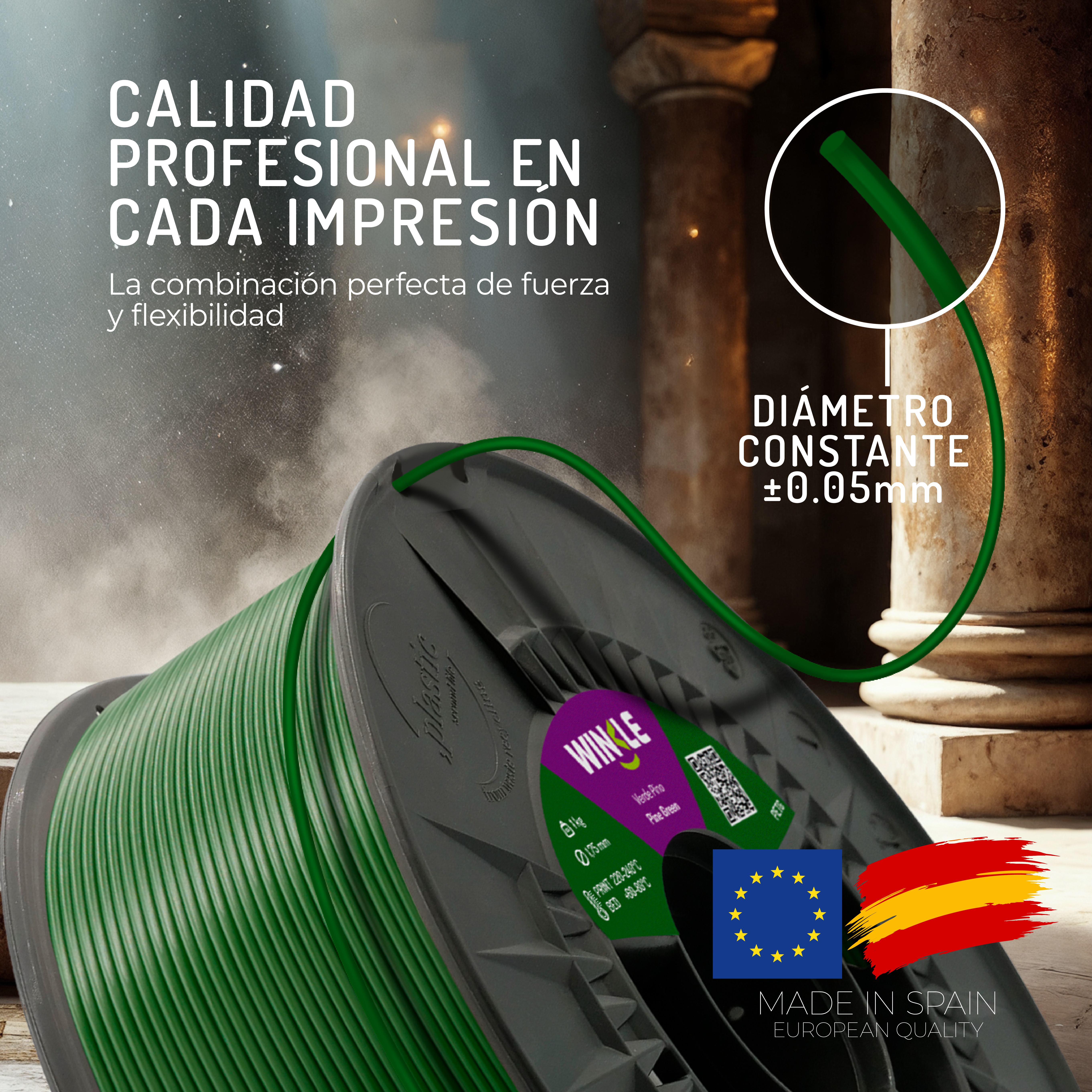 Filamento verde para impresión 3D en carrete, con texto sobre calidad y diámetro.