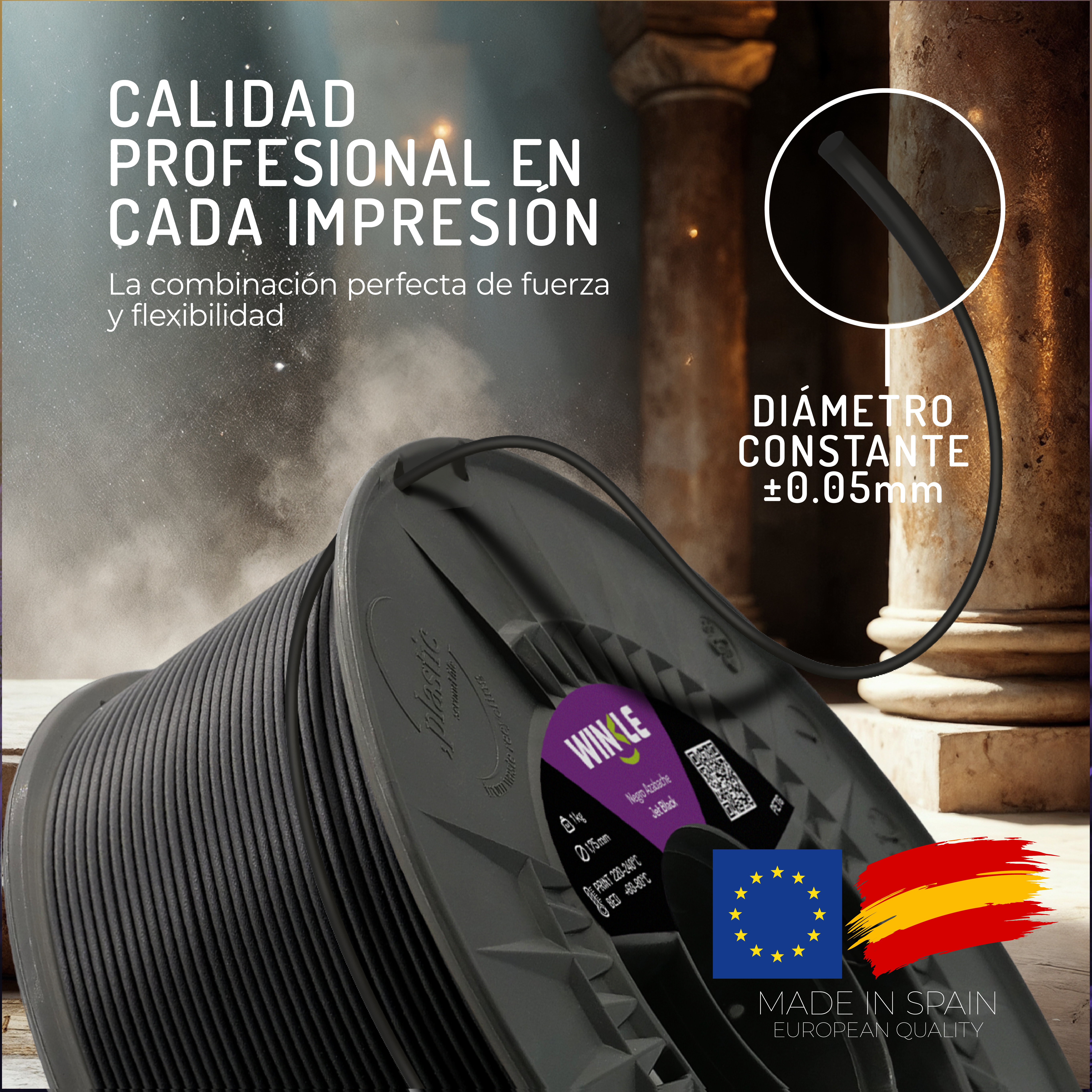 Filamento negro para impresora 3D en carrete, con texto sobre calidad y especificaciones.