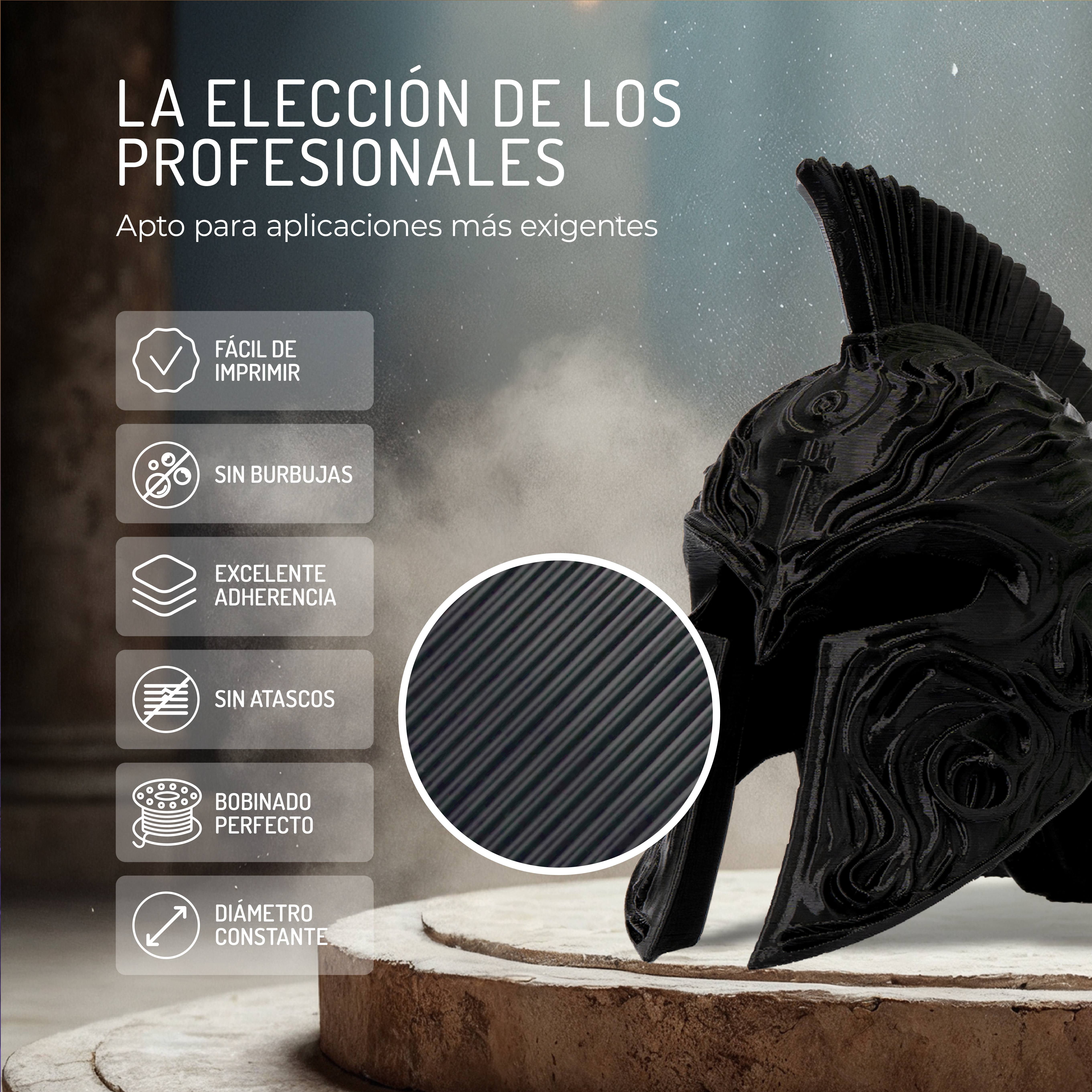 Casco negro con texto e iconos que resaltan características de impresión.