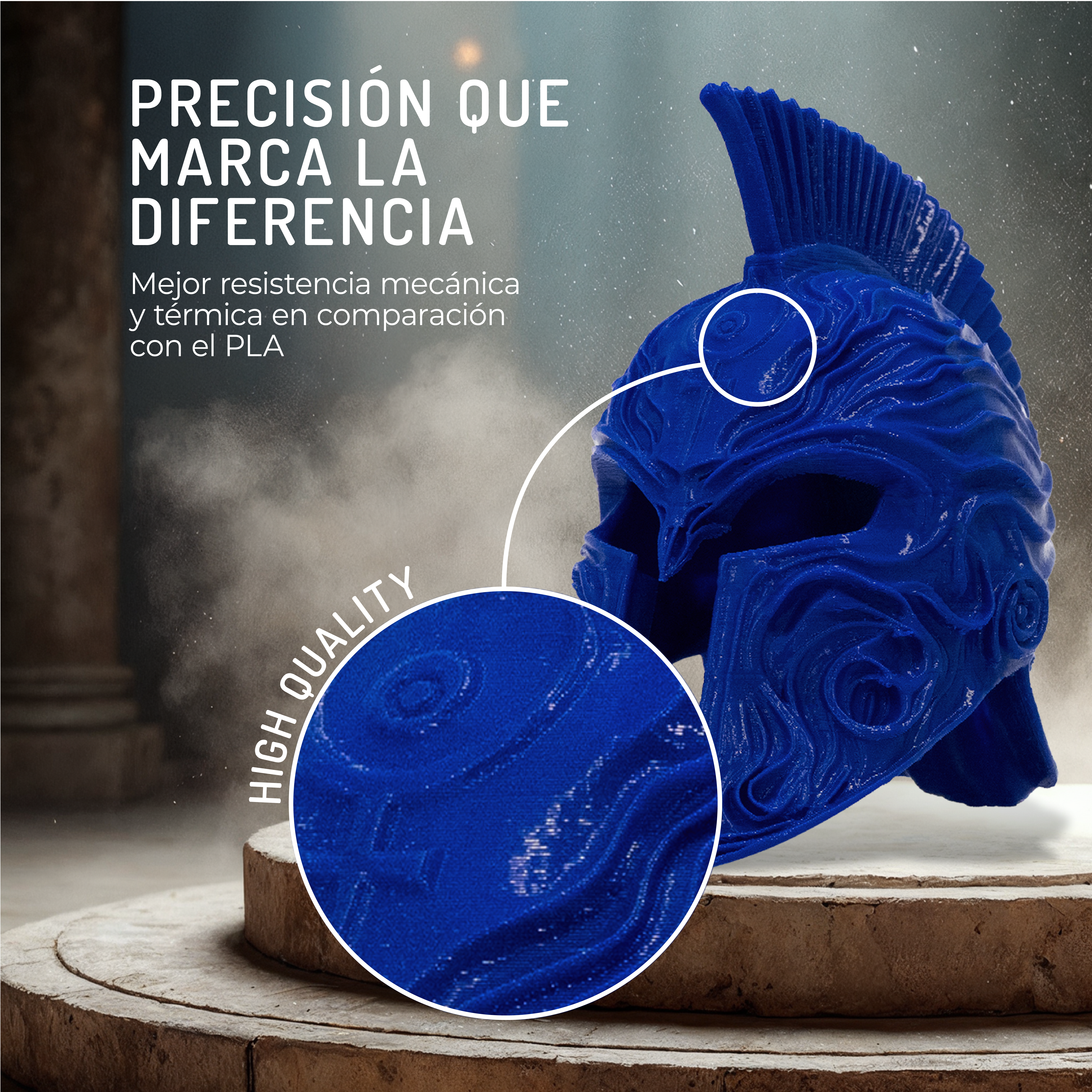Un casco azul impreso en 3D estilo griego sobre un pedestal de piedra.