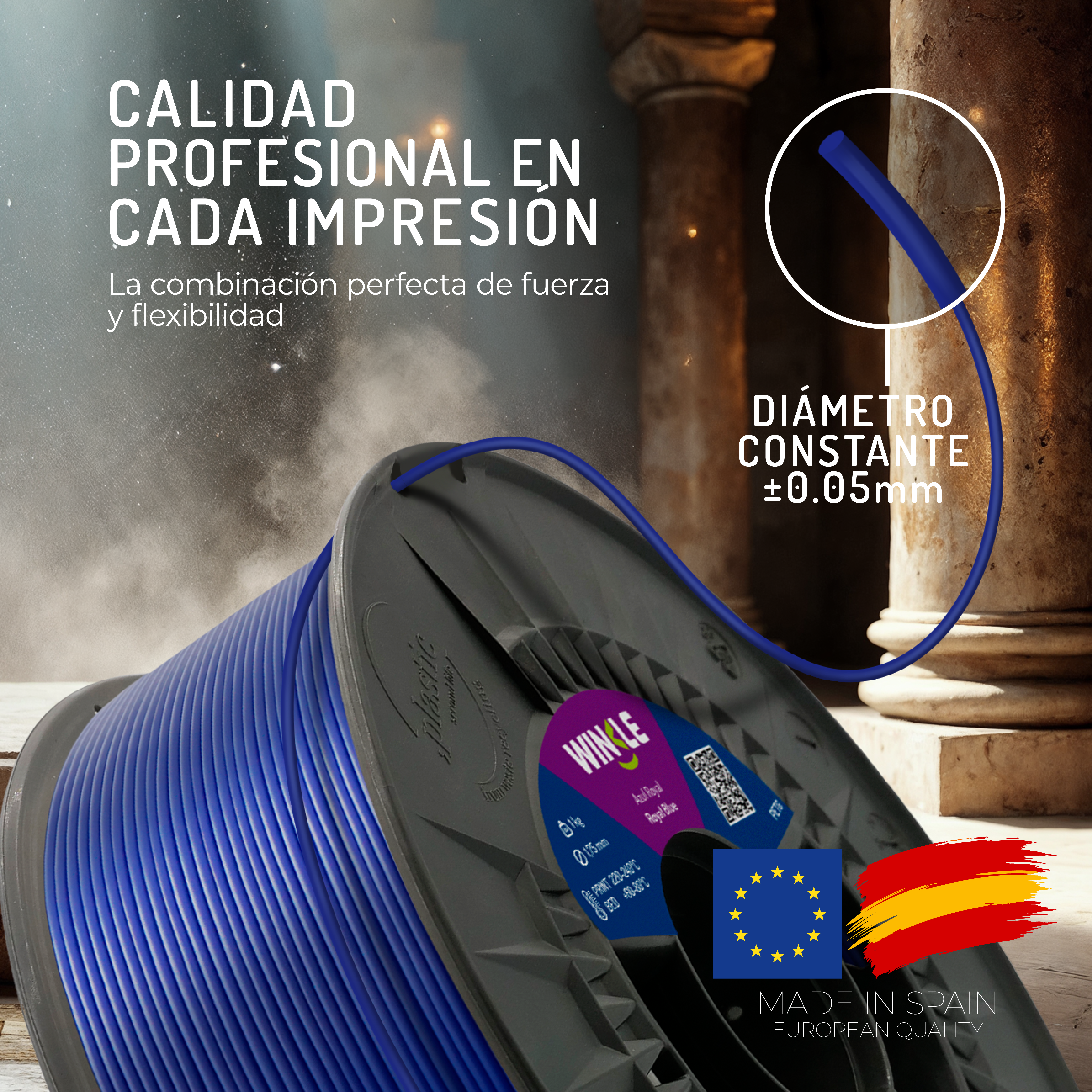 Una bobina de filamento azul para impresión 3D, Hecho en España.