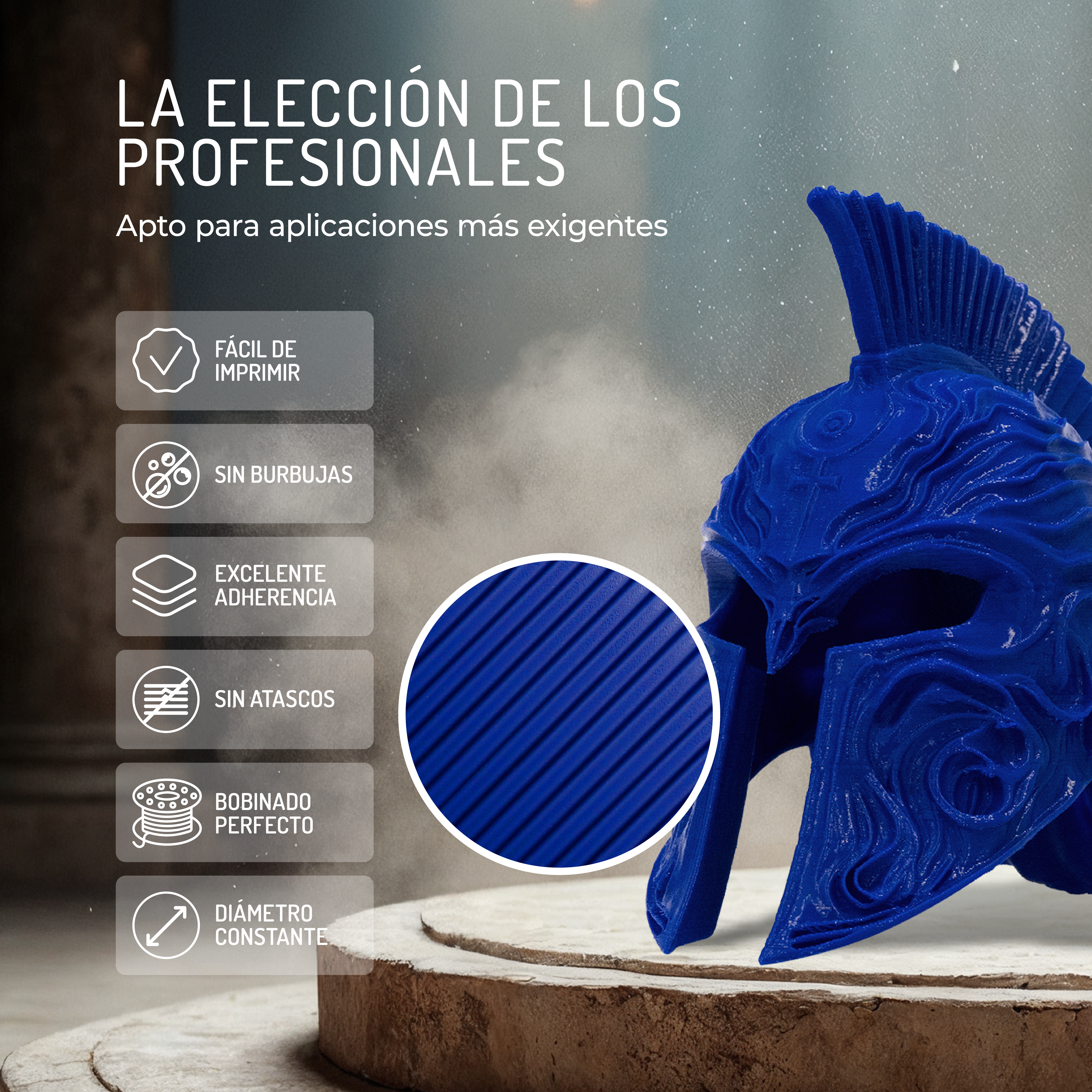 Máscara azul impresa en 3D con superposiciones de texto.