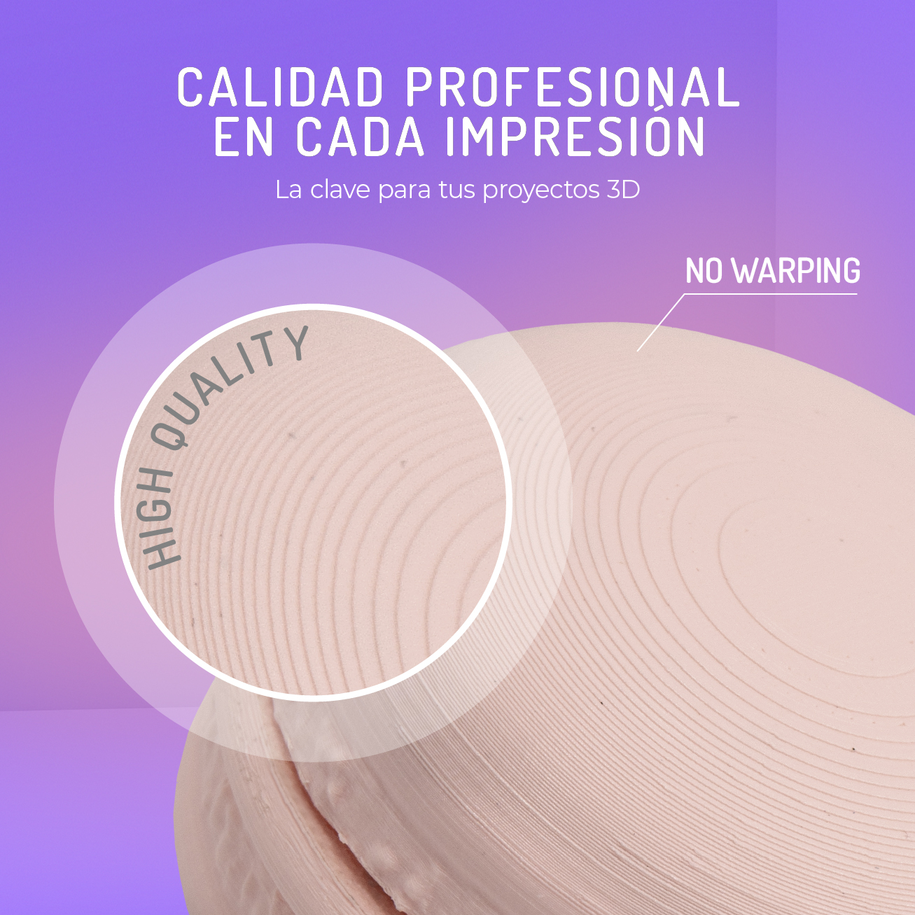 Primer plano de material de impresión 3D anunciado como alta calidad y sin deformaciones.