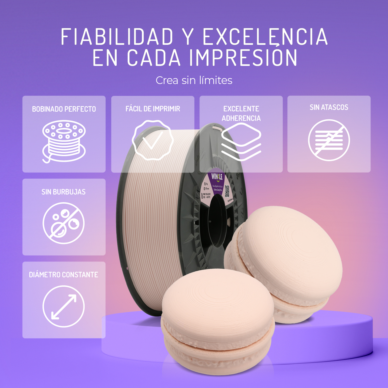 Bobina de filamento para impresora 3D con dos impresiones tipo macaron al lado.