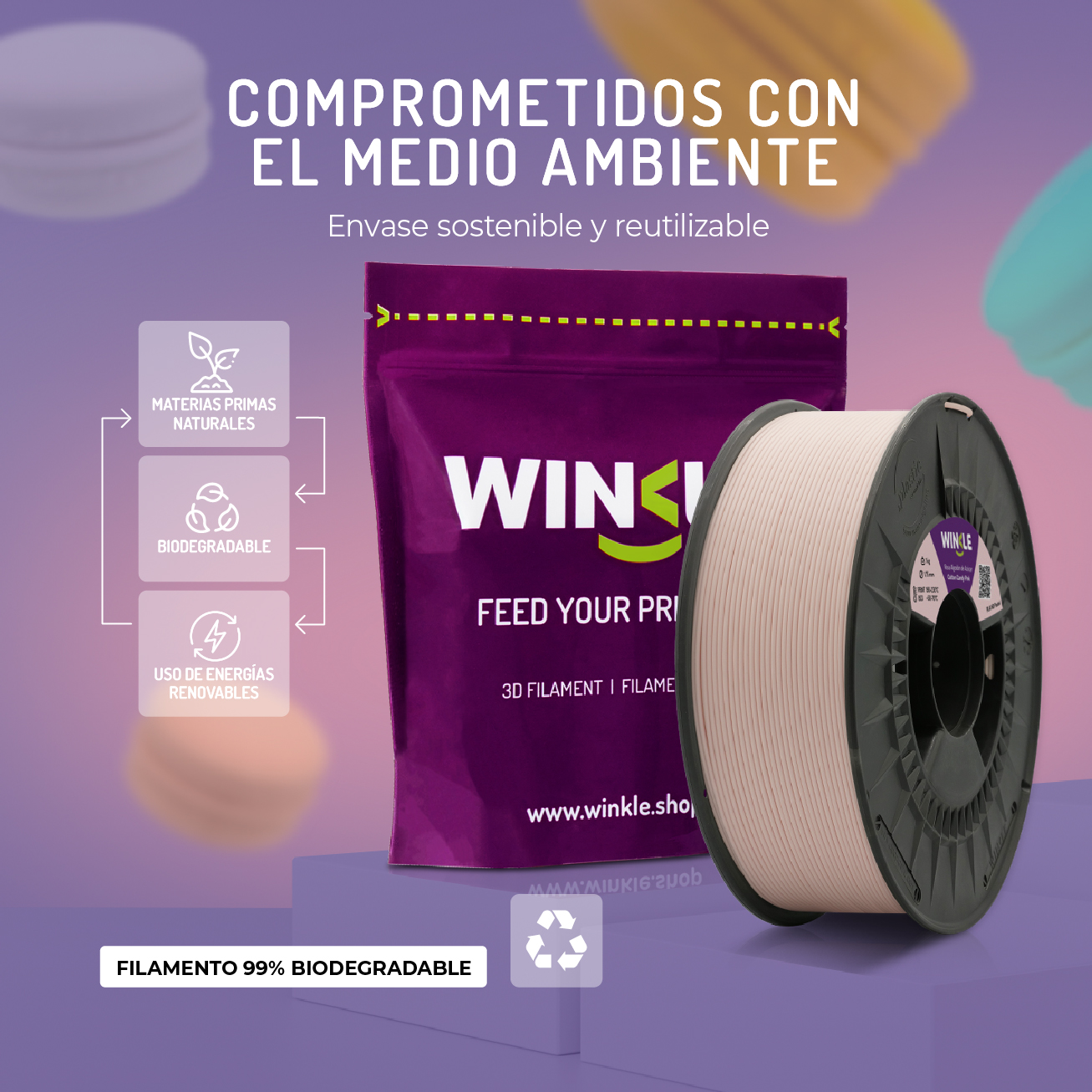 Una bobina de filamento 3D junto a una bolsa de la marca WINKLE.