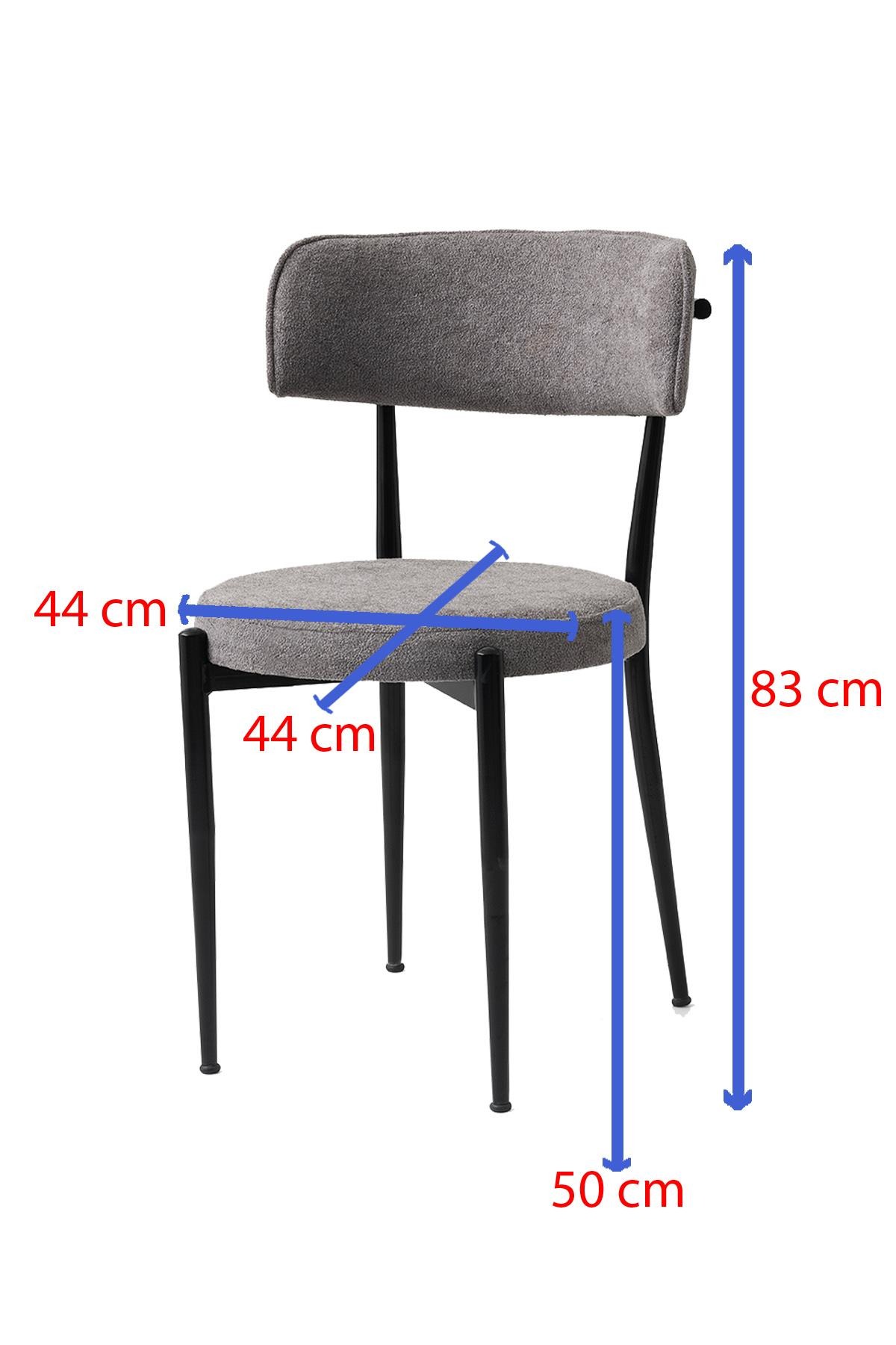 Siyah bacaklı gri sandalye. Oturma yüksekliği 50cm, genişlik 44cm, toplam yükseklik 83cm.