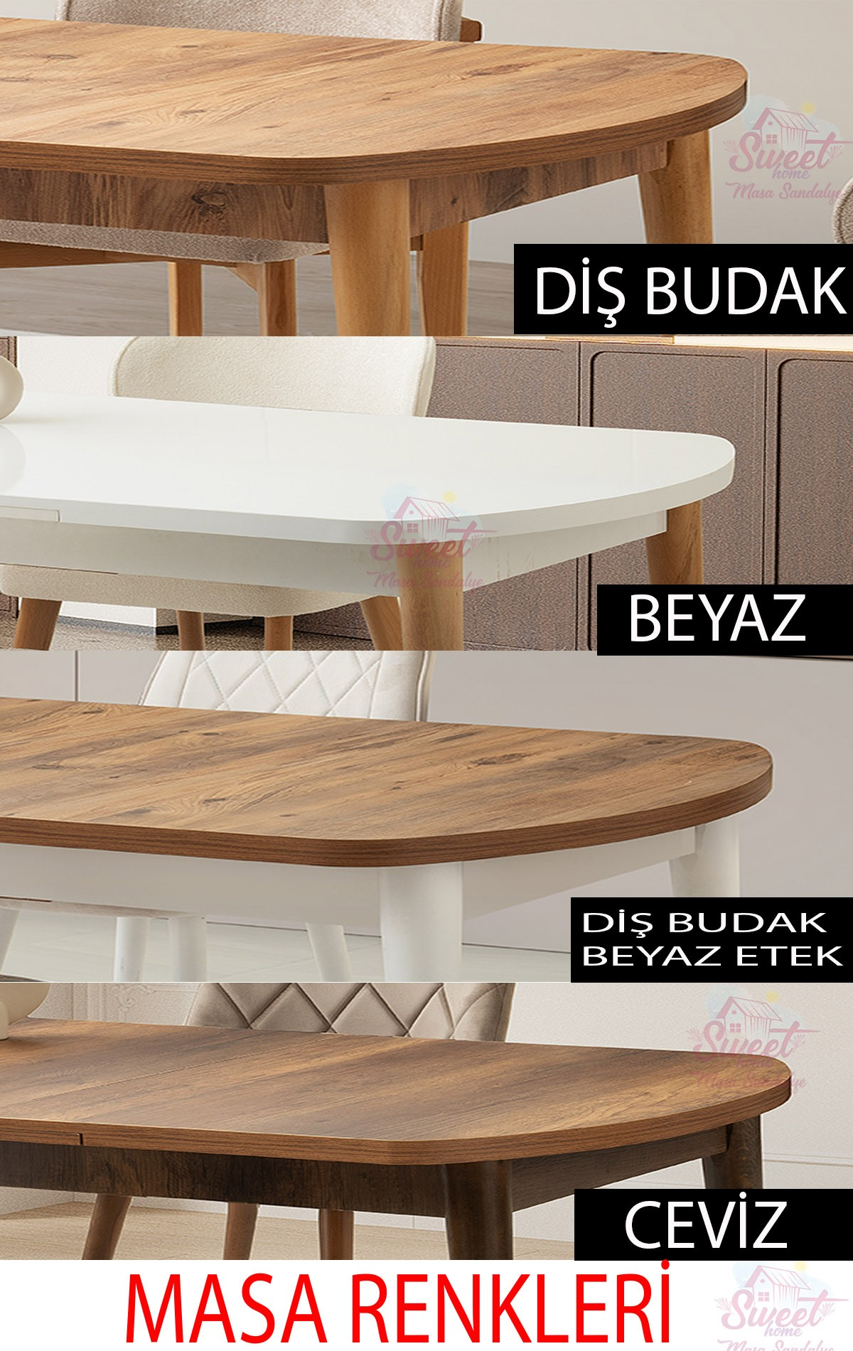 Farklı ahşap desenleri ve beyaz renklerde dört yemek masası, bacak yapılı.