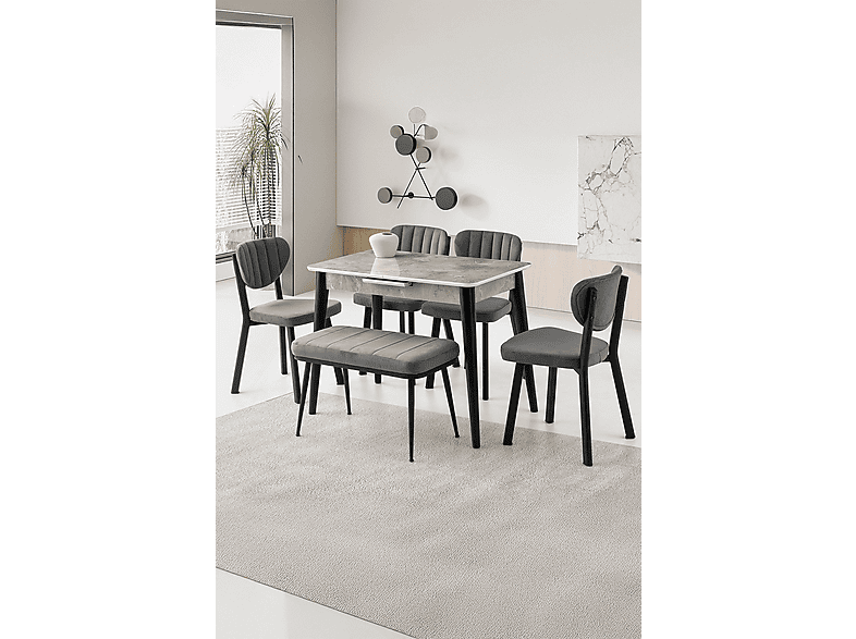 SWEET HOME MASA SANDALYE Mini 60 x 100 Milano MDF Ortadan Açılır 4 Adet Esinti 1 Adet Sırtsız Mini Bench Masa Sandalye Takımı