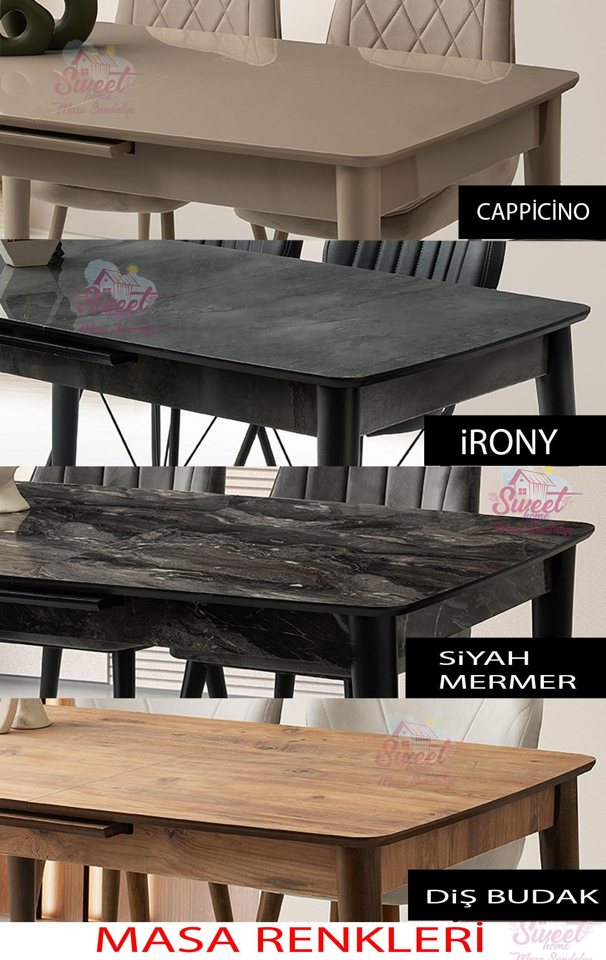 Dört masa tablası farklı renk ve desenlerde: Cappuccino, iRony, Siyah Mermer, Meşe.