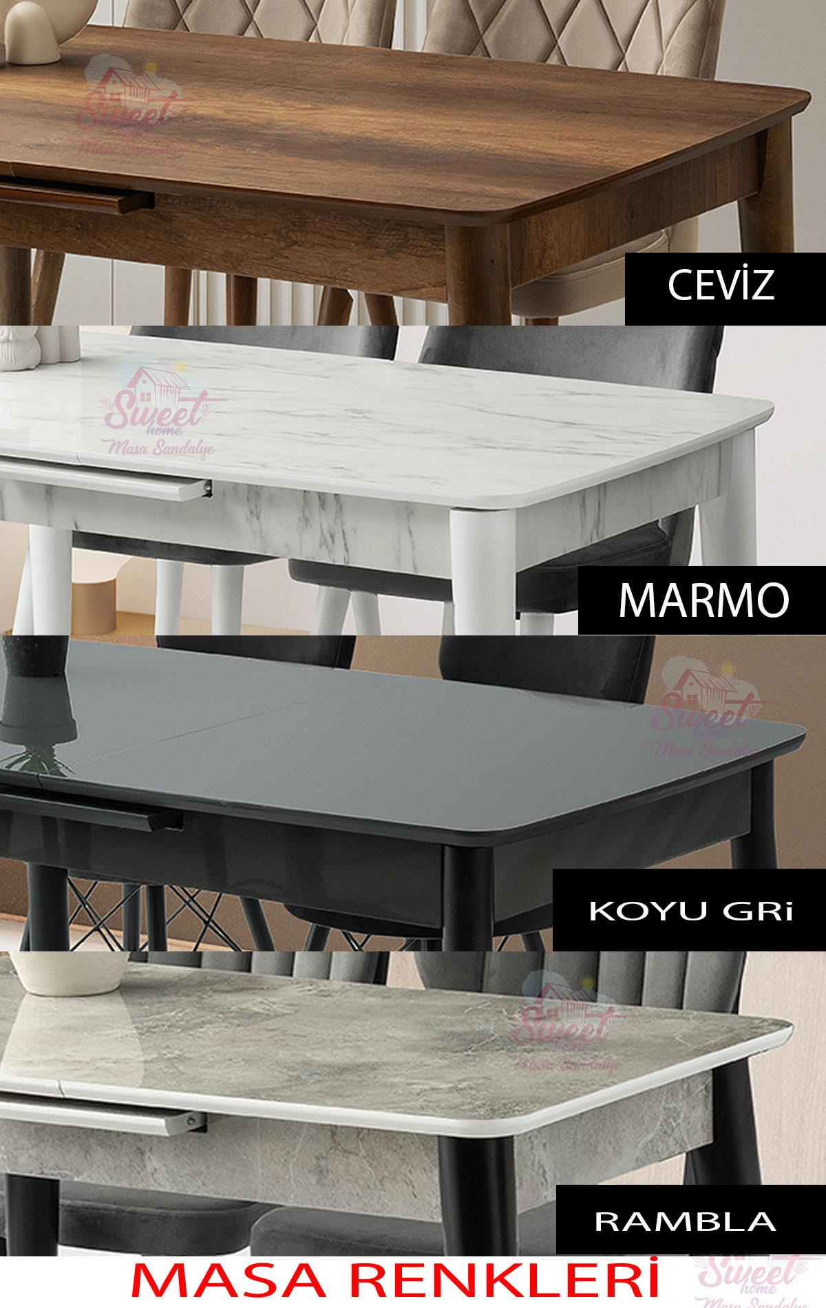Dört yemek masası farklı renklerde: ceviz, mermer, koyu gri ve rambla.