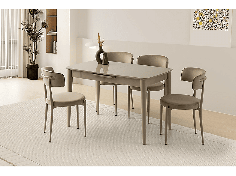 SWEET HOME MASA SANDALYE Milano MDF Ortadan Açılır Cappicino 4 Adet Gözde Masa Sandalye Takımı