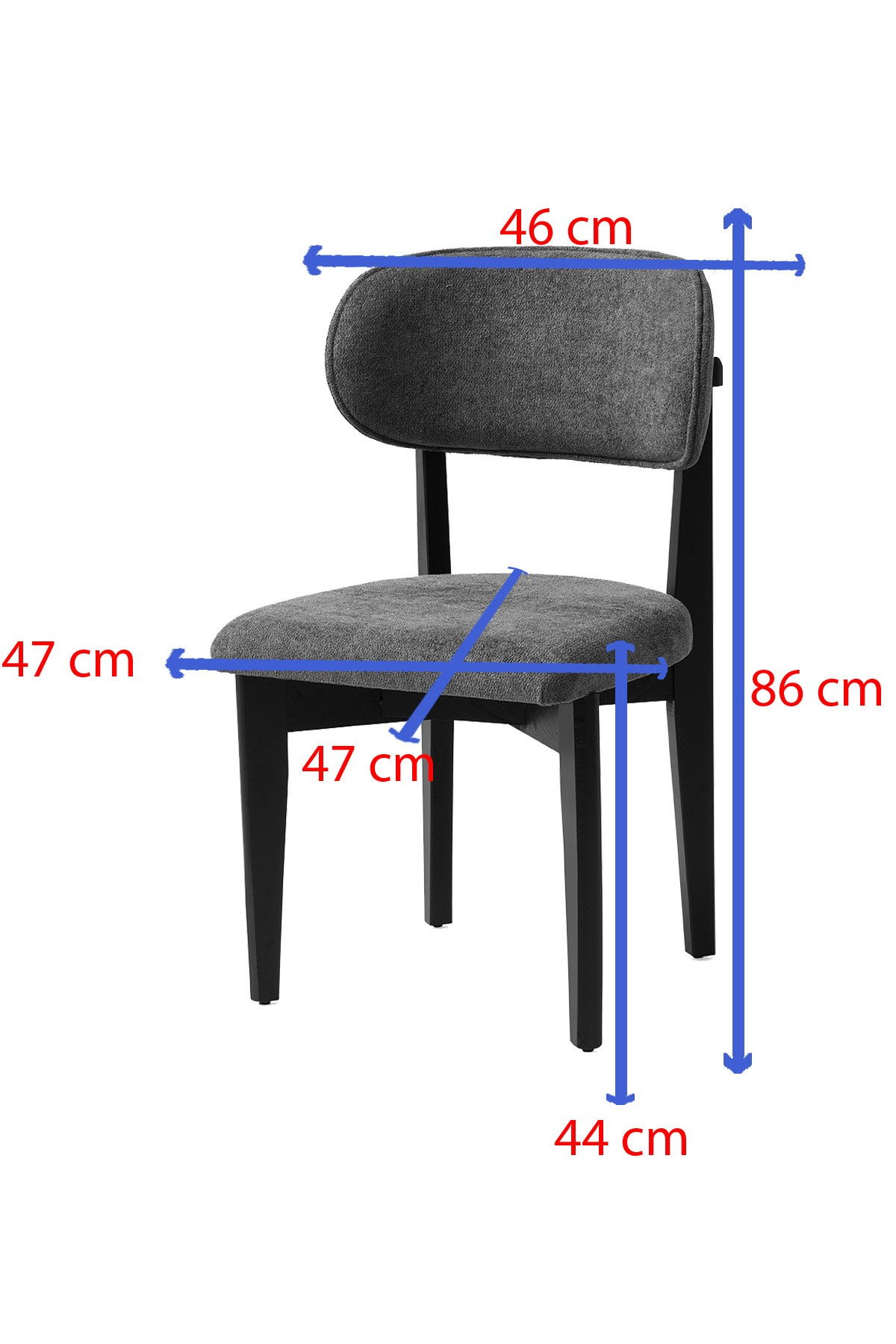 Siyah bacaklı gri sandalye, ölçüler: 46cm genişlik, 47cm derinlik, 86cm yükseklik.
