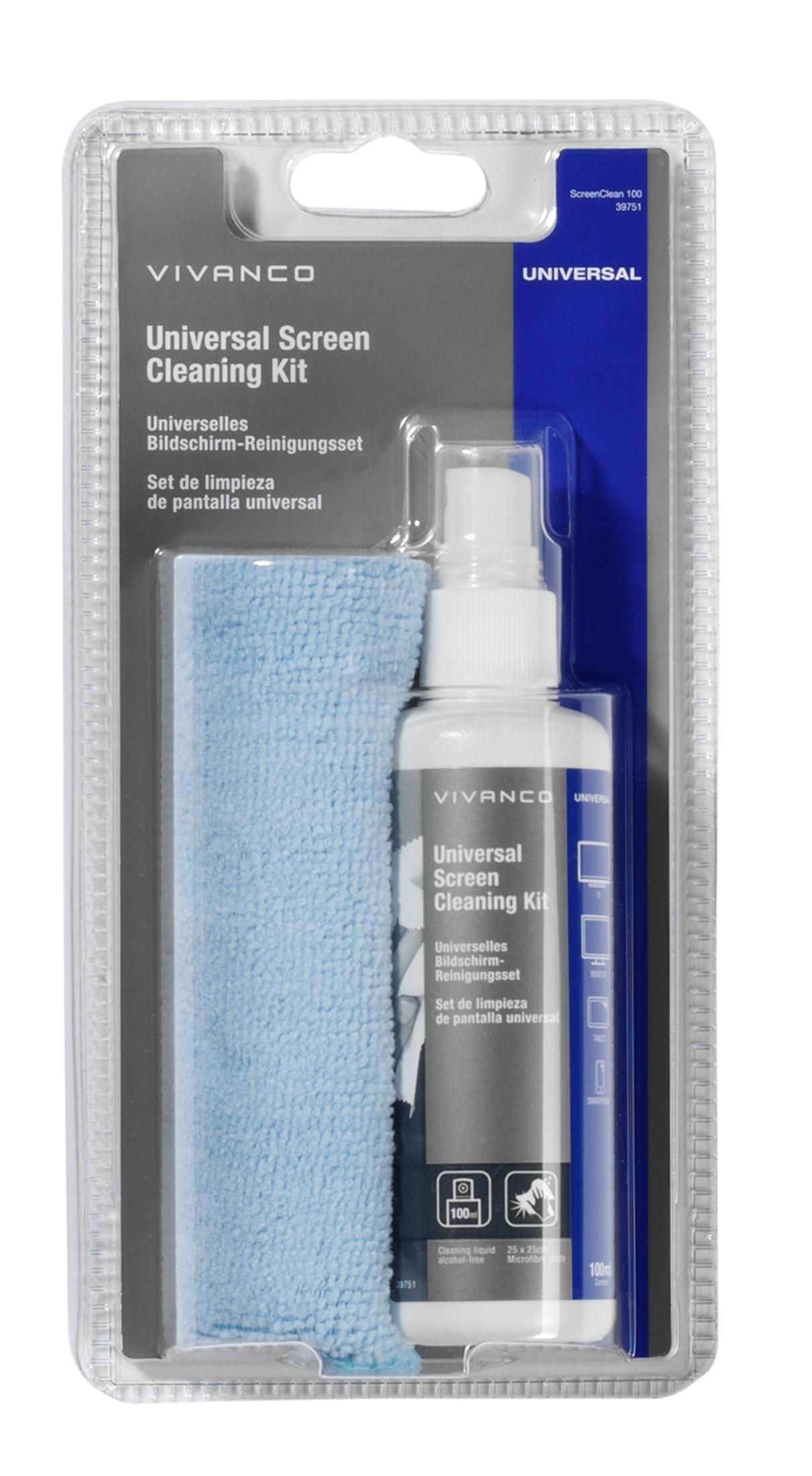 Kit de limpieza de pantalla universal Vivanco con paño de microfibra azul y limpiador.