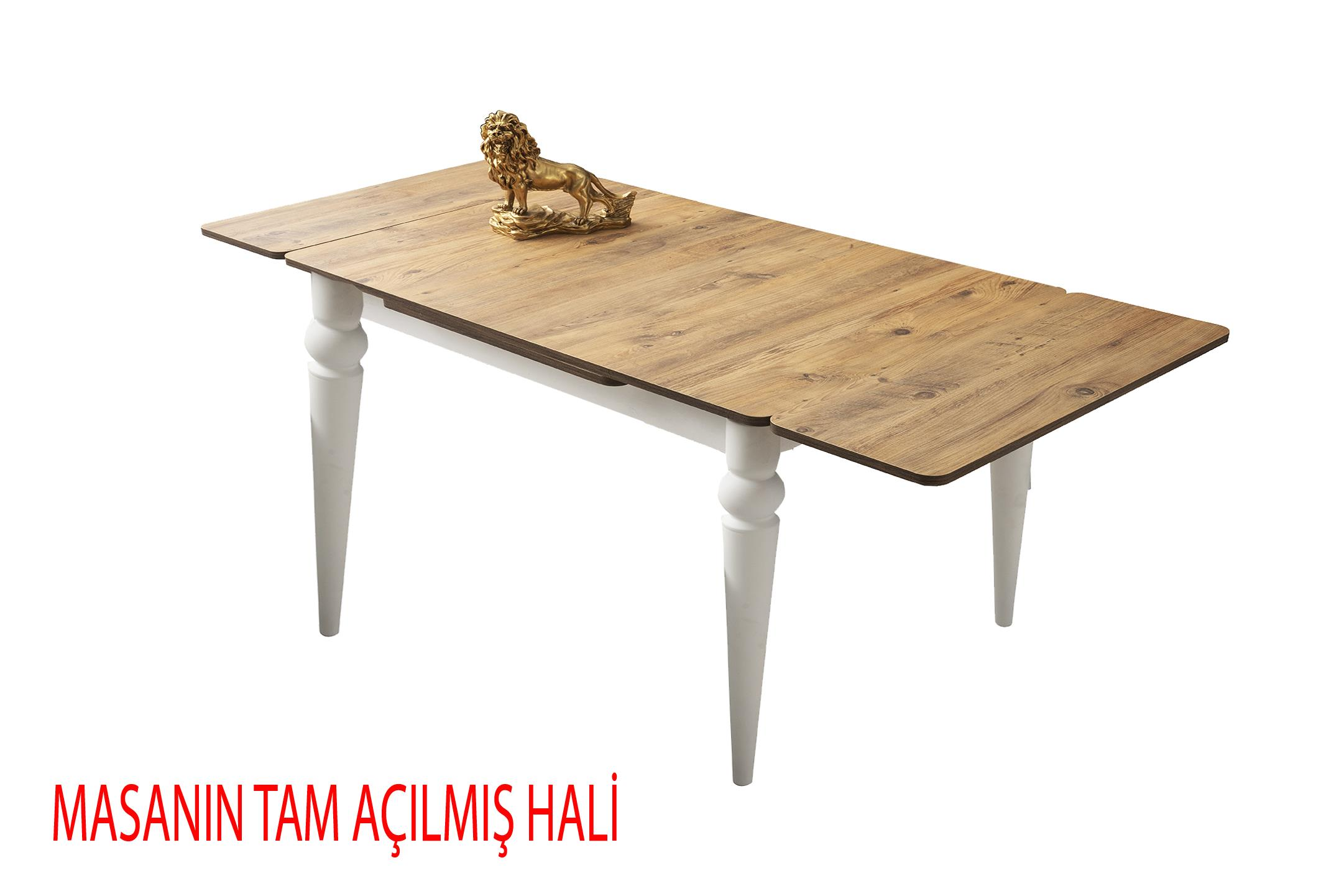 Beyaz ayaklı, aslan dekorlu uzatılabilir ahşap masa.