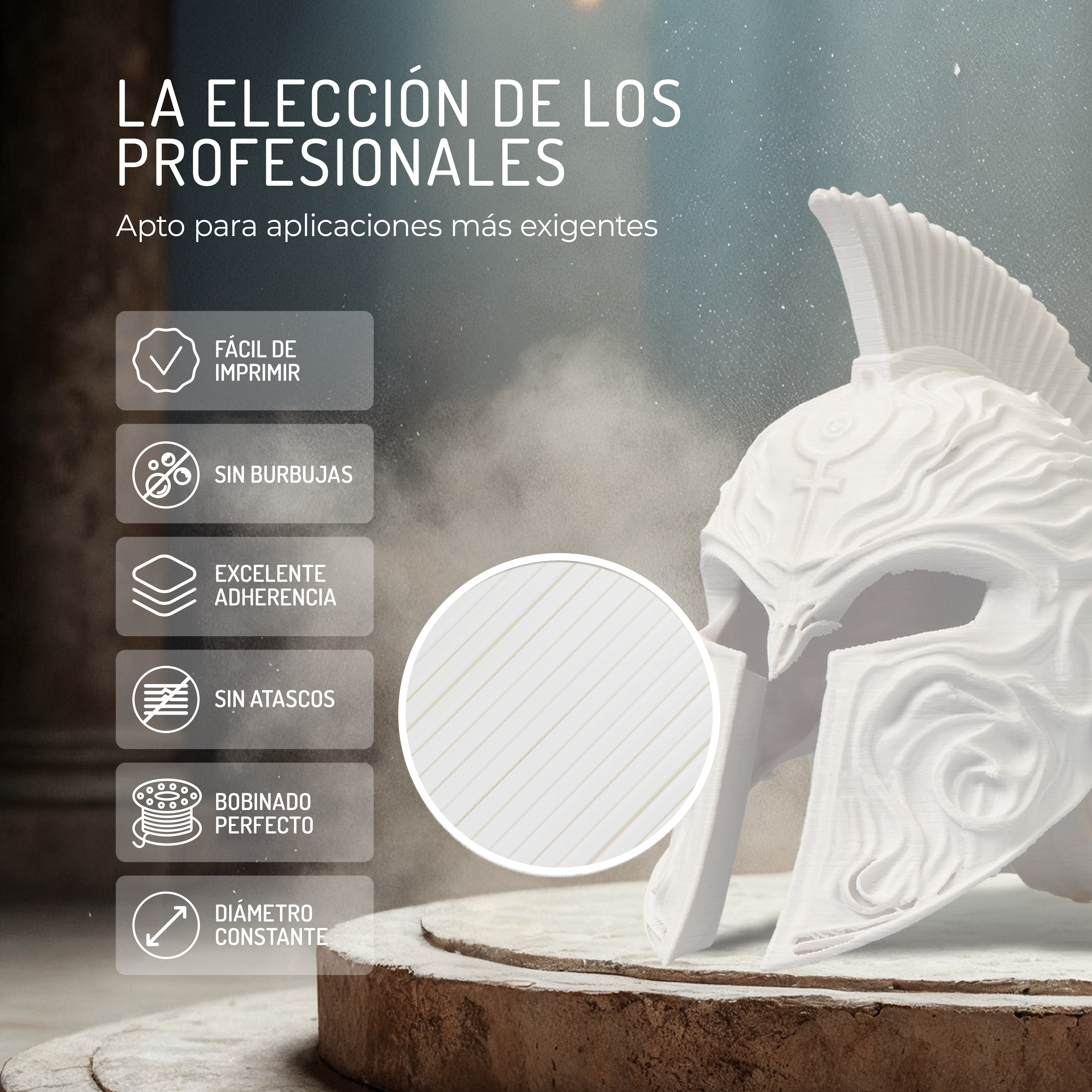 Un casco blanco impreso en 3D con texto e iconos destacando características.