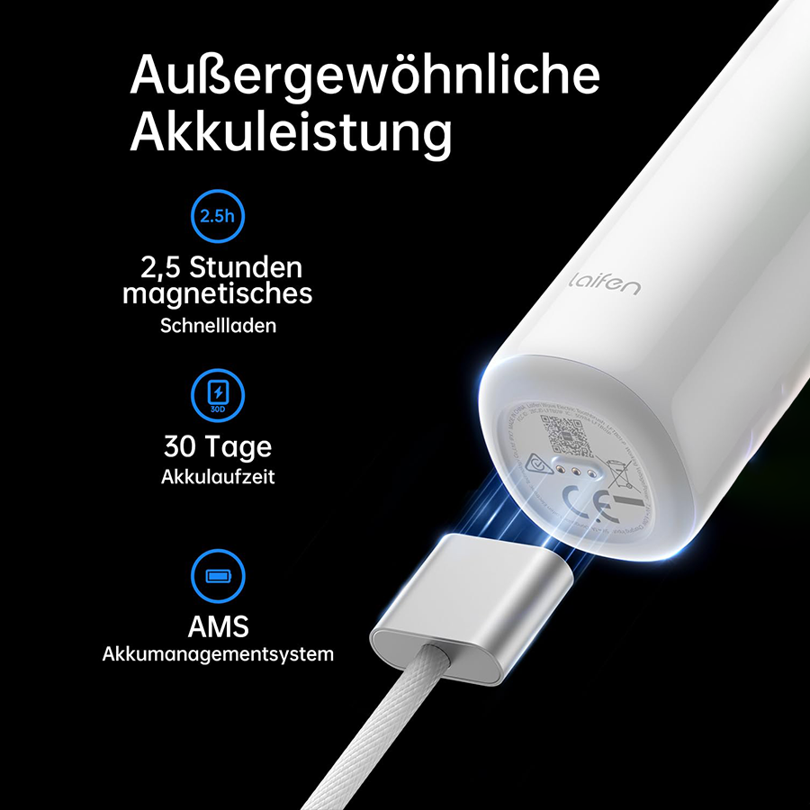 Weiße Zahnbürste mit Ladekabel. 2,5h Ladezeit, 30 Tage Akkulaufzeit, AMS.