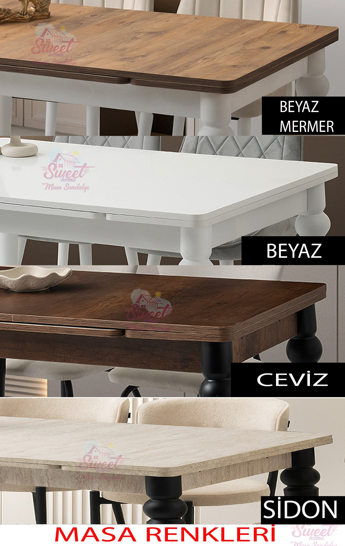 Dört farklı renkte yemek masası: Beyaz Mermer, Beyaz, Ceviz ve Sidon.