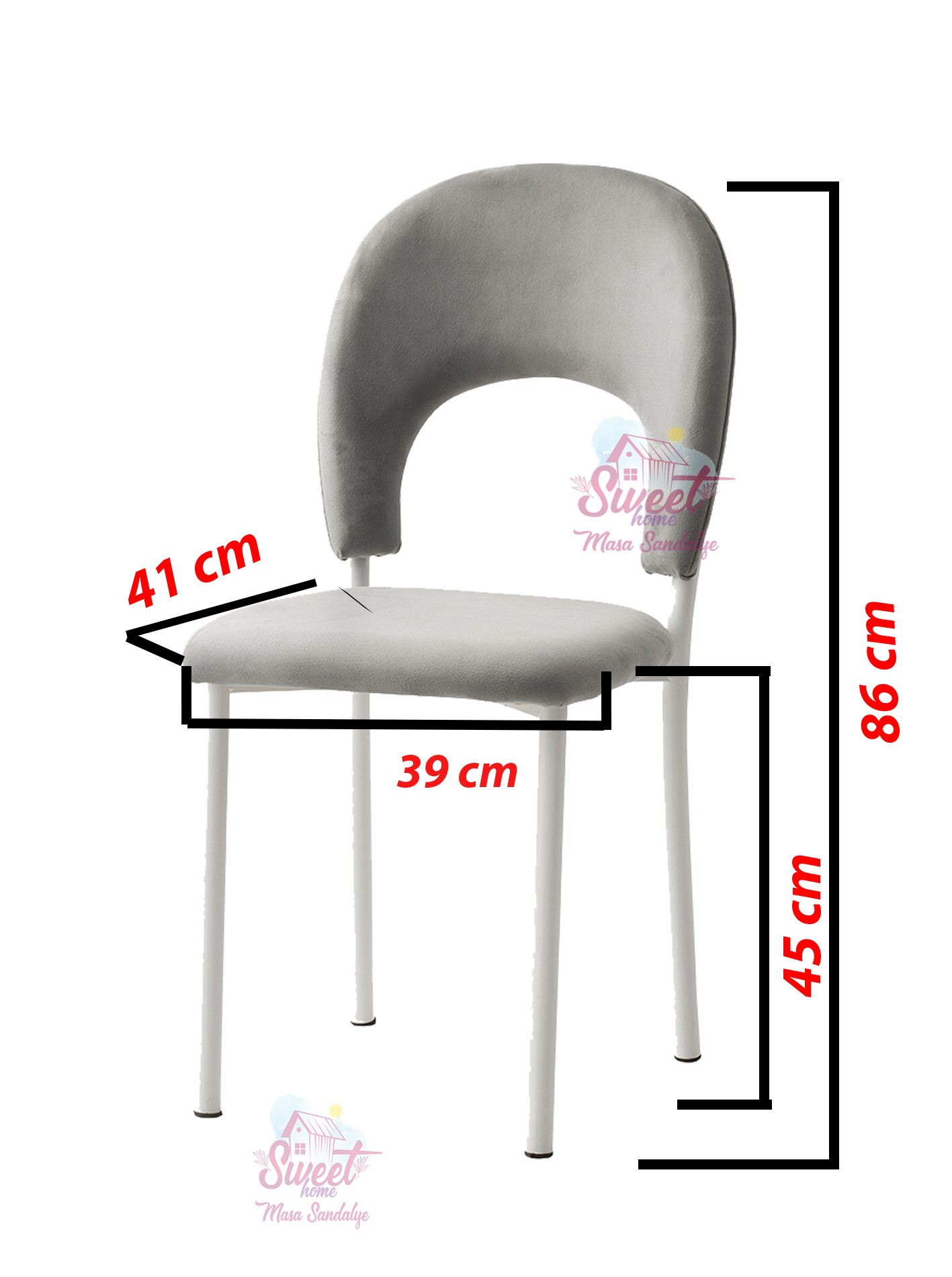 Beyaz bacaklı gri sandalye, ölçüler: 41x39x86 cm, oturma yüksekliği 45 cm.