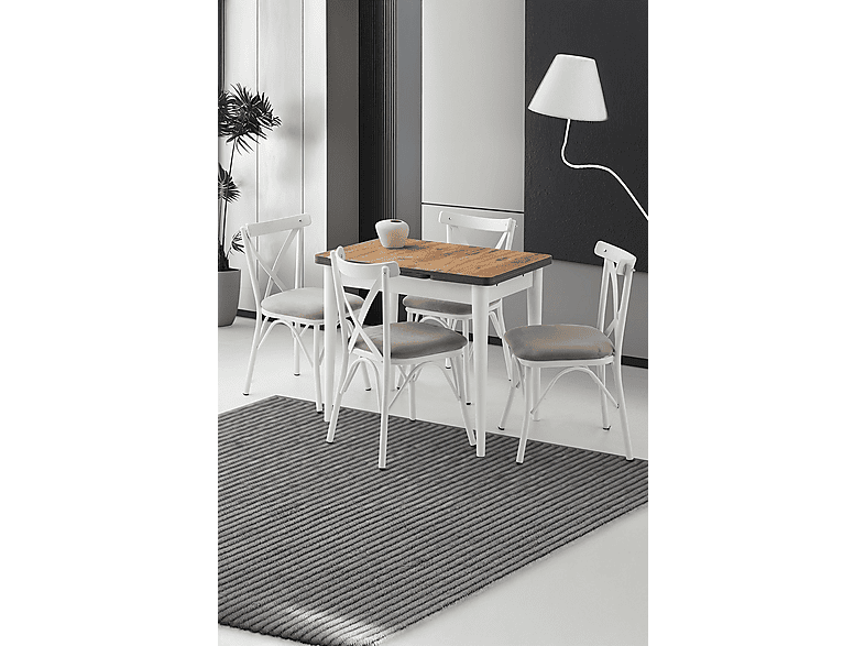 SWEET HOME MASA SANDALYE Yanlardan Açılır Yakamoz 90x60 cm Dişbudak Etek 4 Adet Çapraz Masa Sandalye Takımı