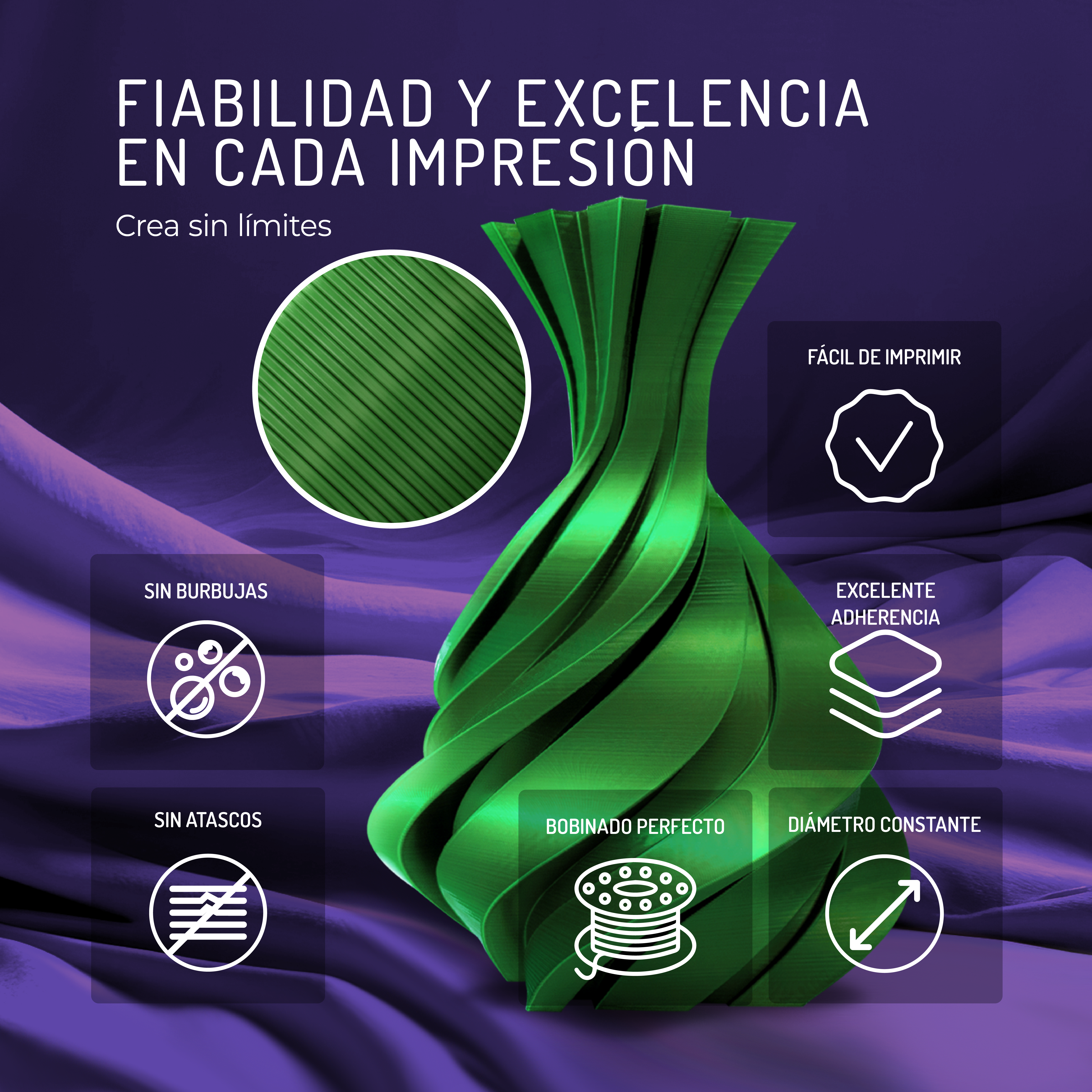 Filamento verde de impresión 3D con texto: Fiabilidad y Excelencia. Iconos de sin burbujas, fácil impresión, adherencia, sin atascos.