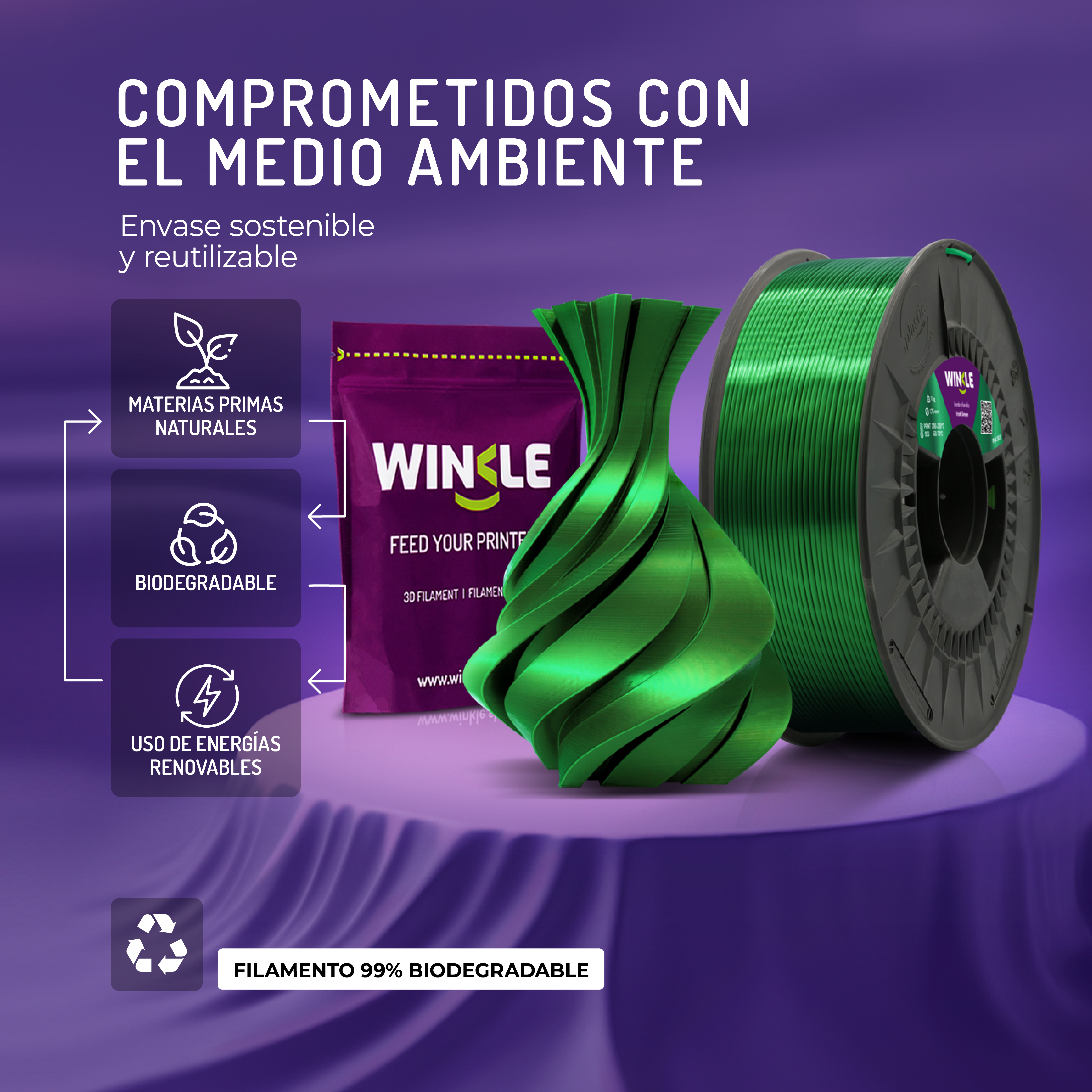 Bobina de filamento 3D verde, jarrón impreso en 3D, bolsa e iconos de sostenibilidad.