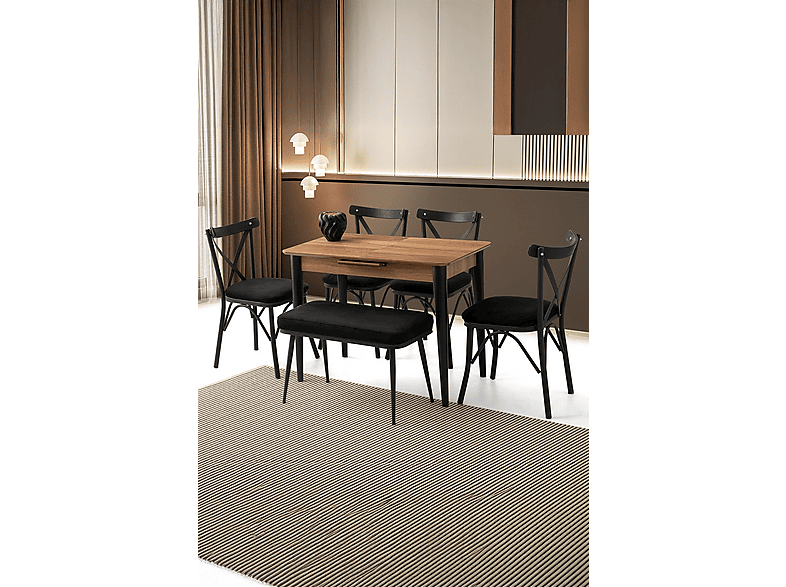 SWEET HOME MASA SANDALYE Mini 60 x 100 Milano MDF Ortadan Açılır 4 Adet Çapraz 1 Adet Sırtsız Mini Bench Masa Sandalye Takımı