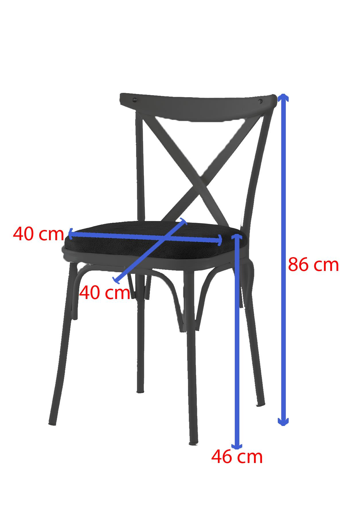 Boyutları olan siyah bir sandalye: 40cm oturak genişliği, 40cm oturak derinliği, 86cm toplam yükseklik.
