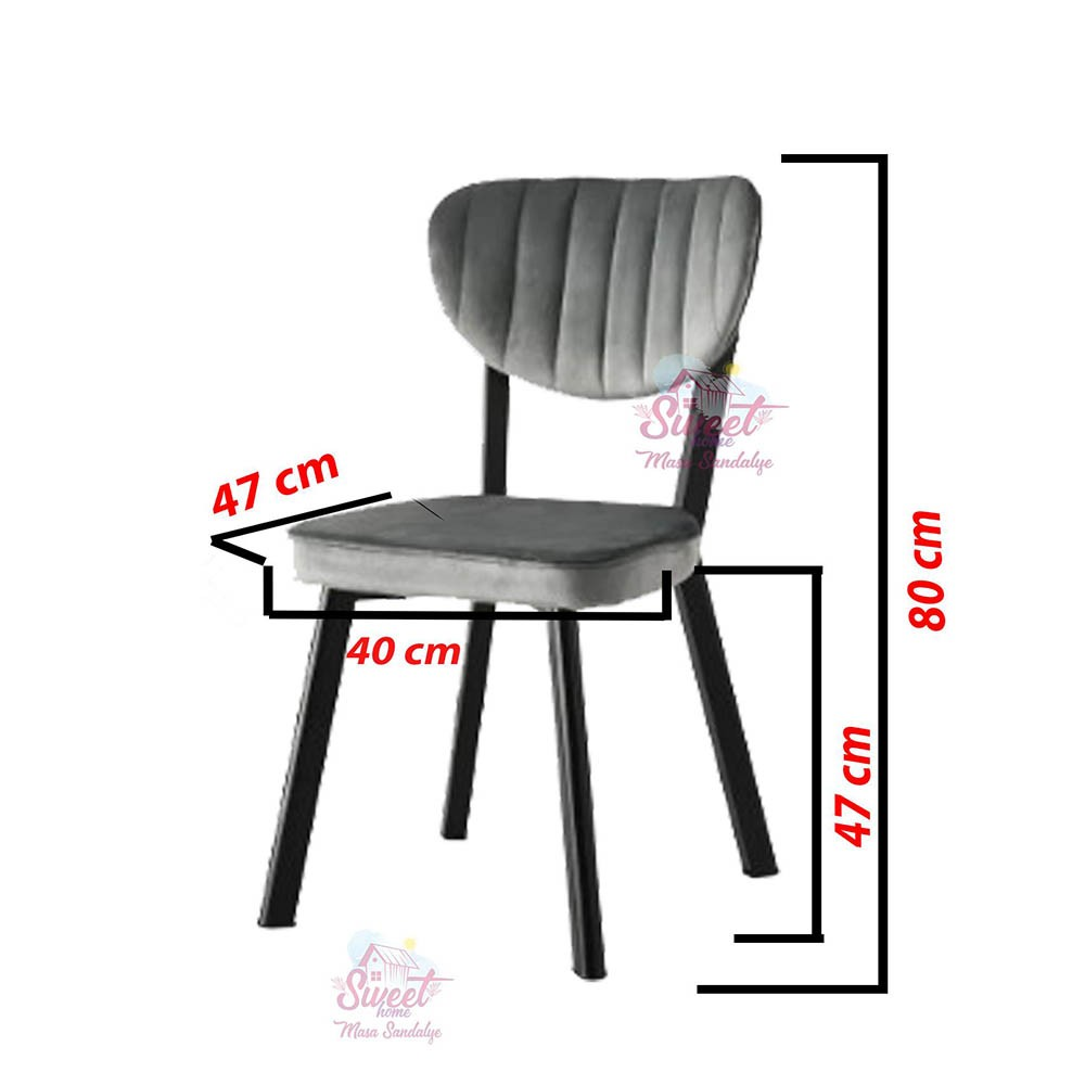 Gri sandalye ölçüleri: 40 cm genişlik, 47 cm derinlik, 80 cm yükseklik.