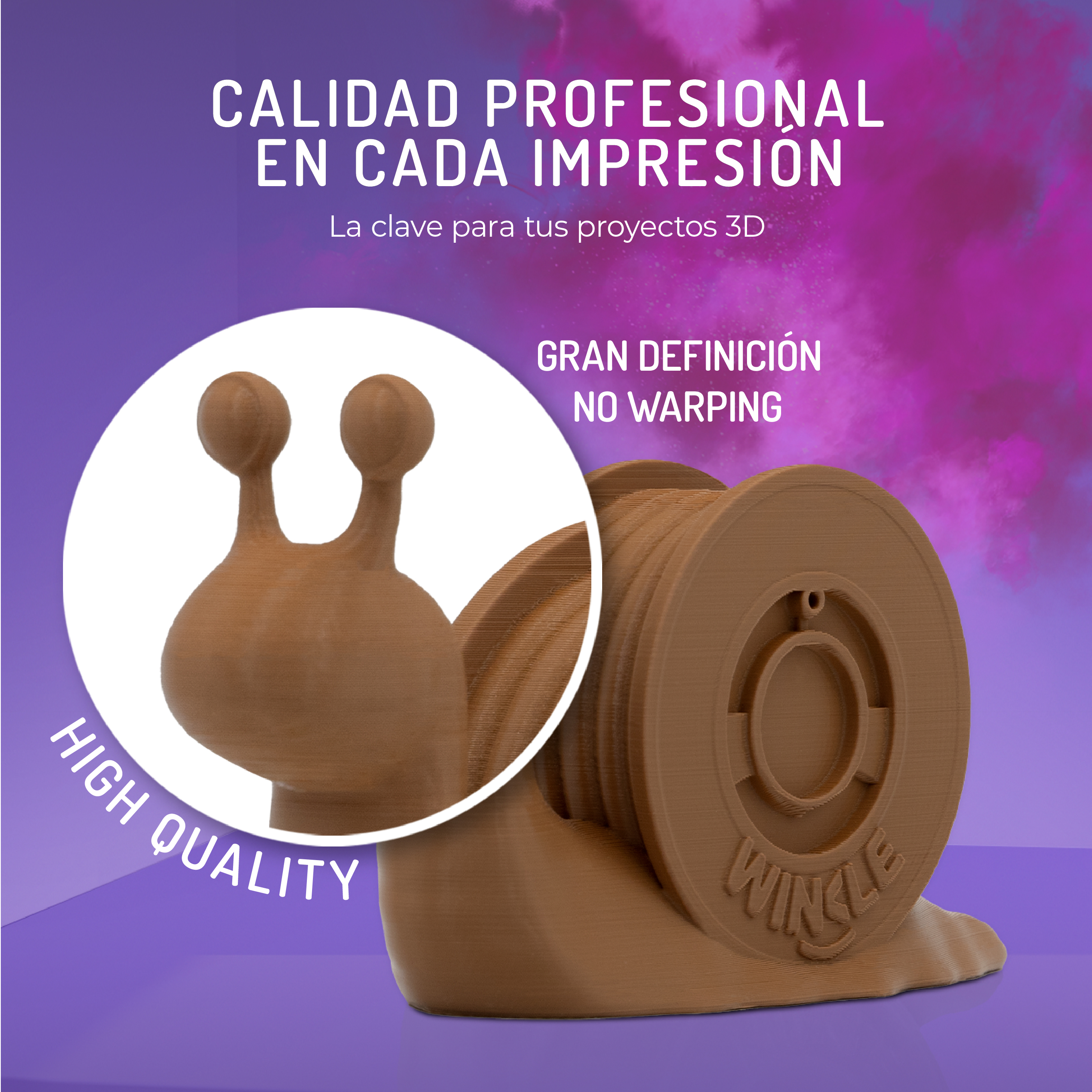 Un objeto de caracol marrón impreso en 3D con texto de alta calidad y definición.