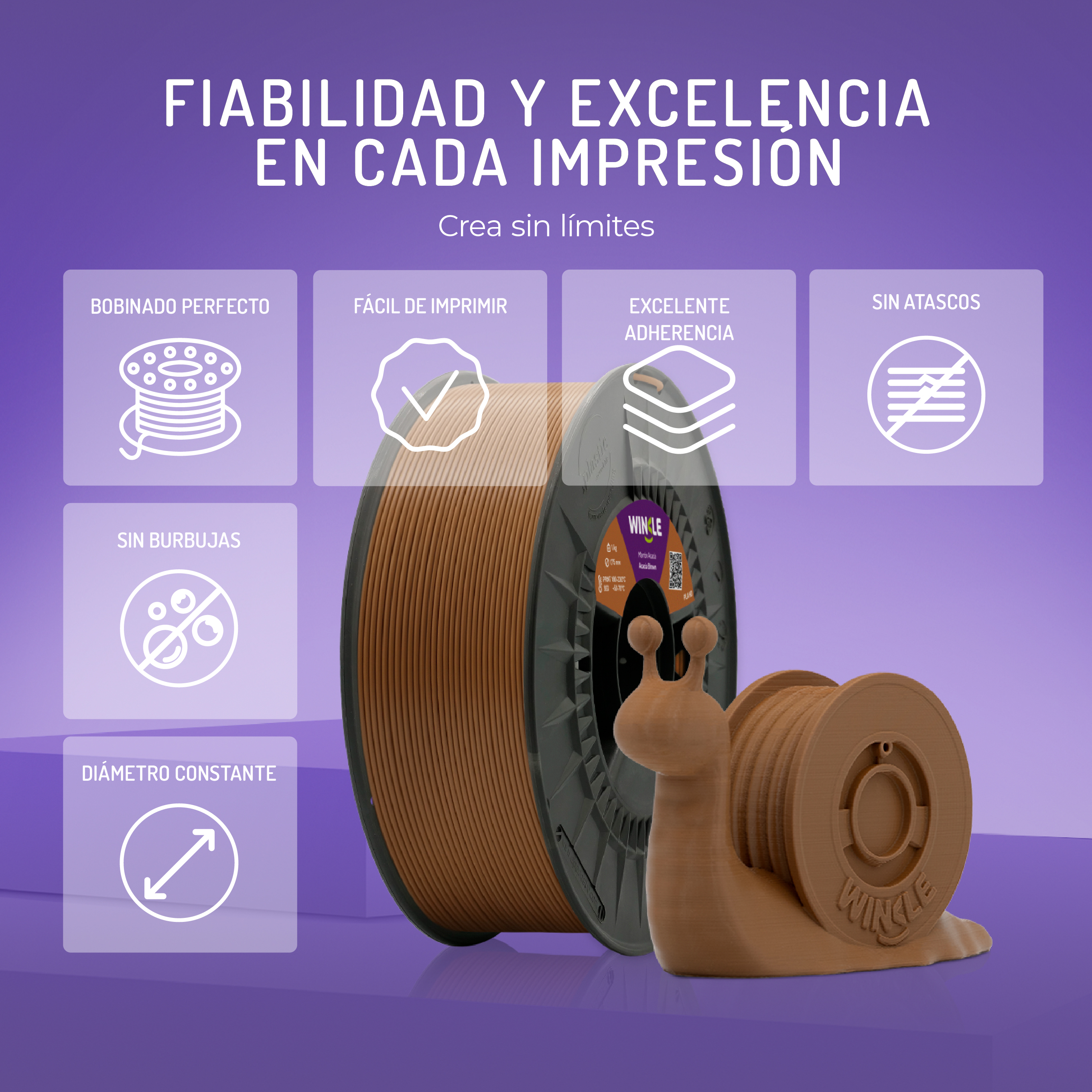 Una bobina de impresión 3D marrón junto a una figura de caracol de madera.