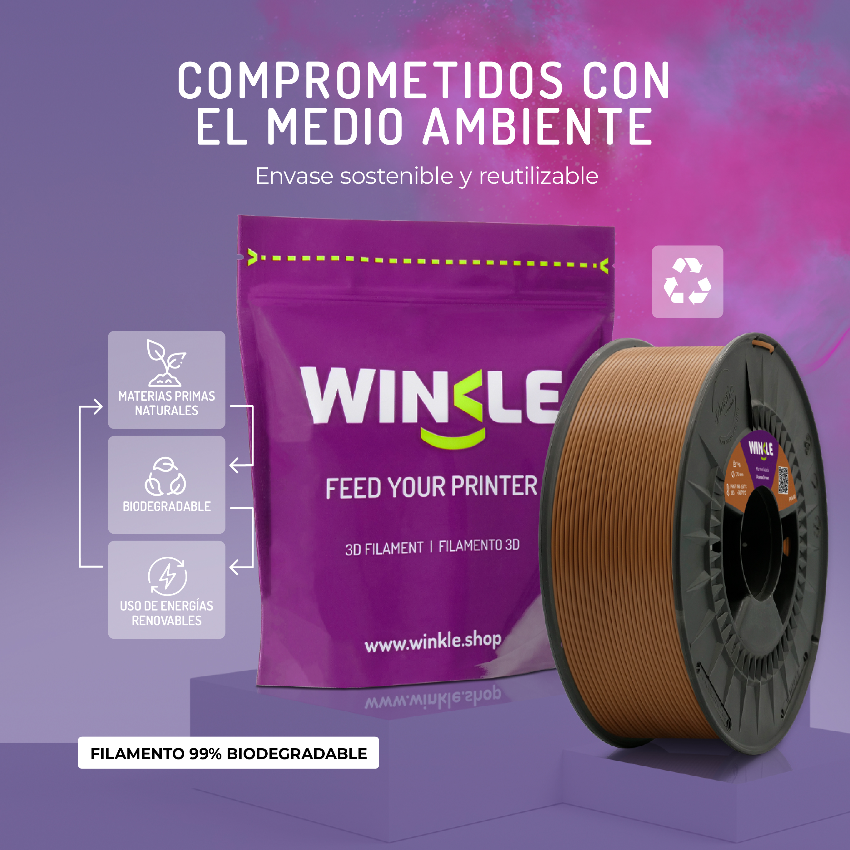 Una bobina de filamento 3D marrón junto a una bolsa morada con el logo WINKLE.