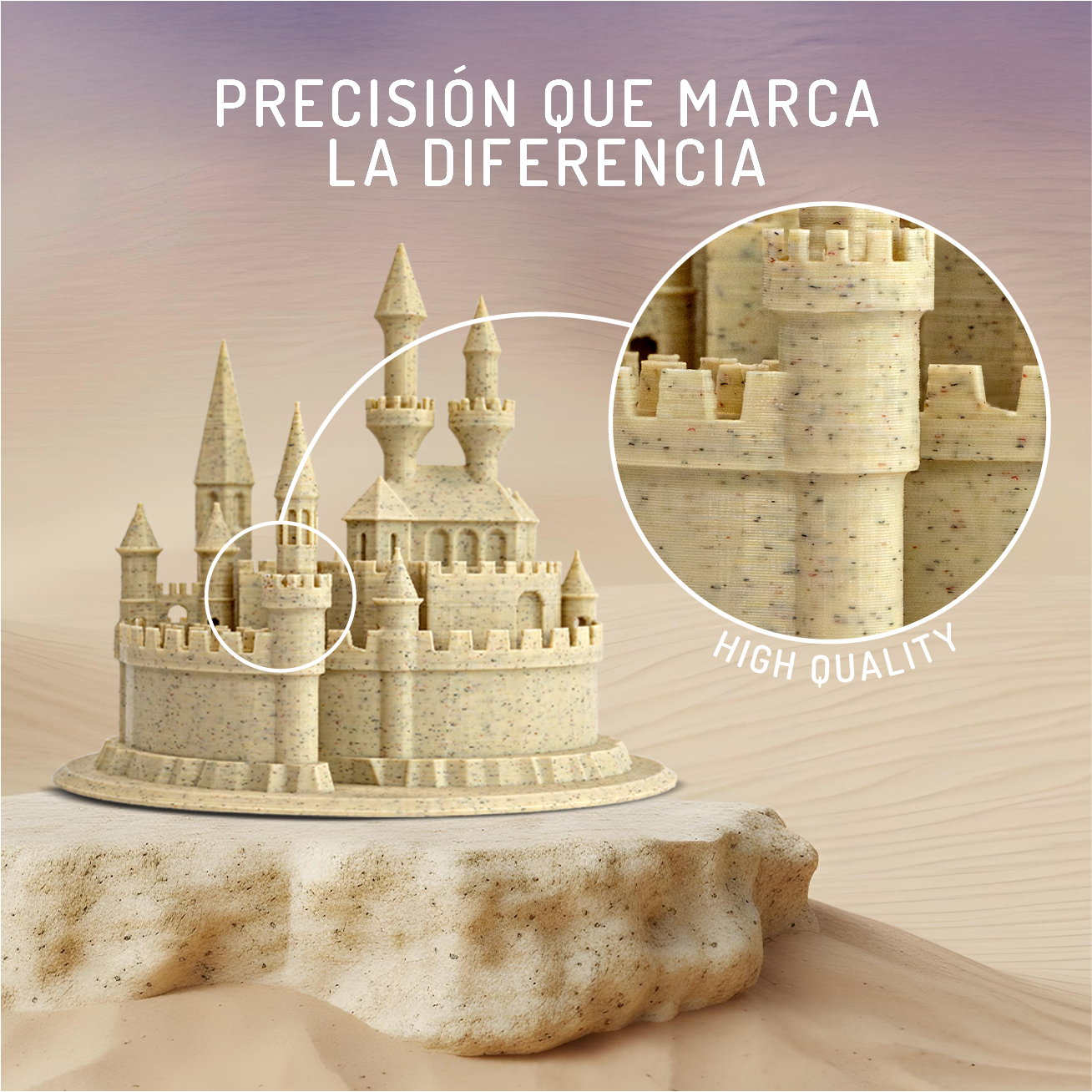 Un castillo impreso en 3D sobre un afloramiento rocoso, primer plano muestra alta calidad.