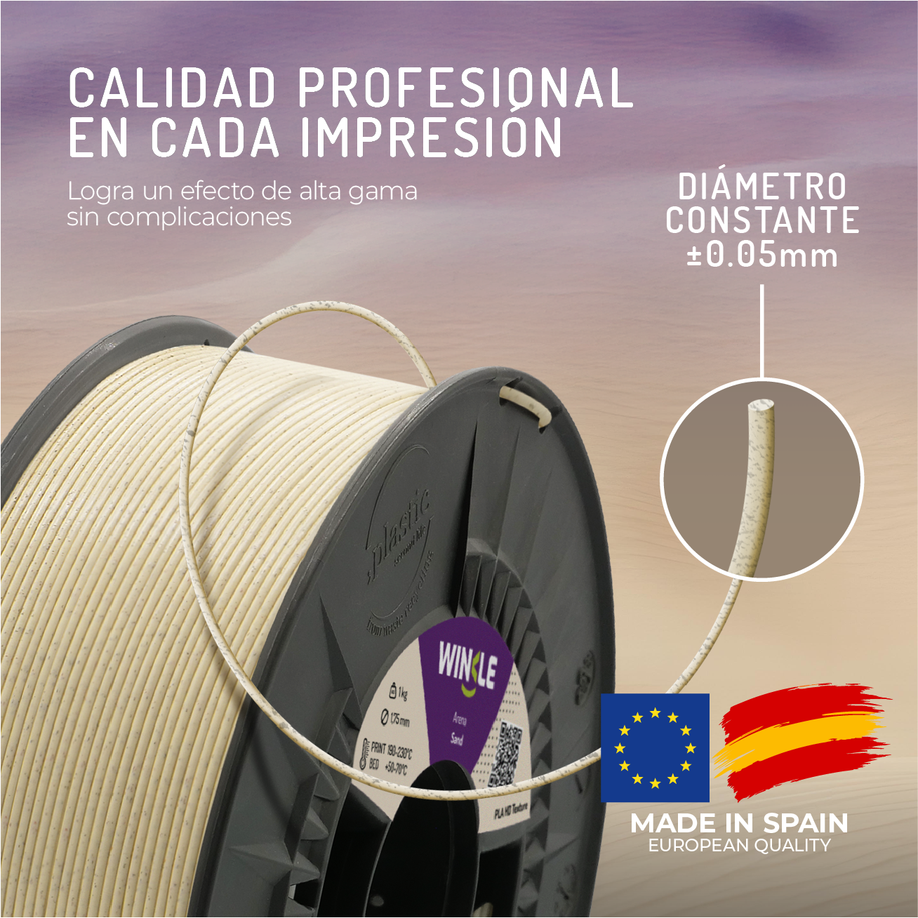 Bobina de filamento de impresora 3D claro con primer plano de su diámetro.