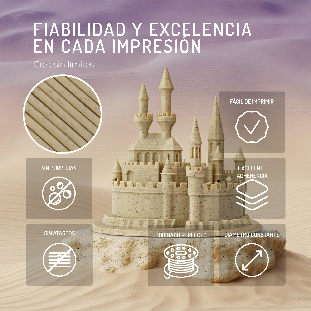 Un castillo impreso en 3D se alza sobre dunas de arena con texto.
