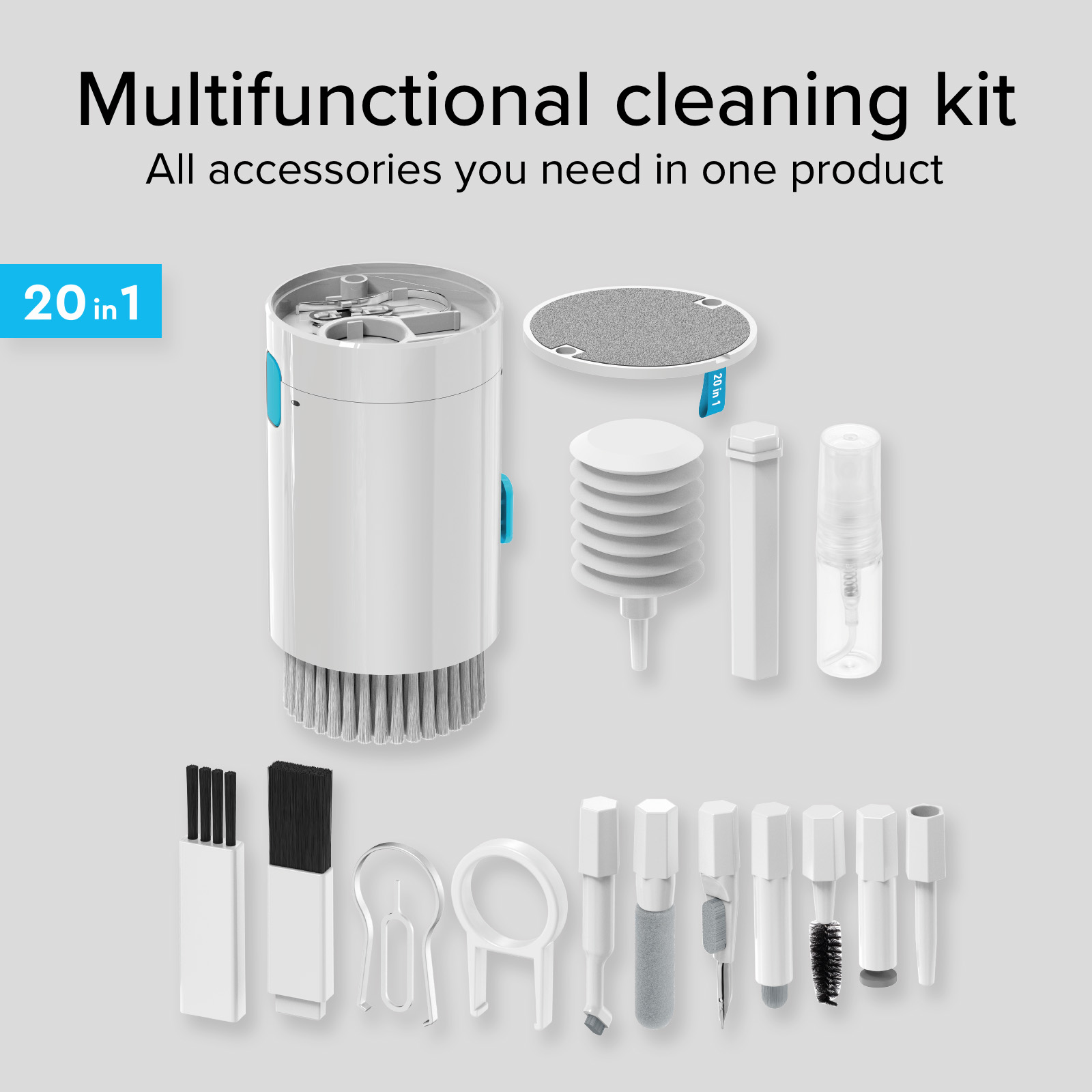 Un kit de limpieza multifuncional blanco con varios accesorios.