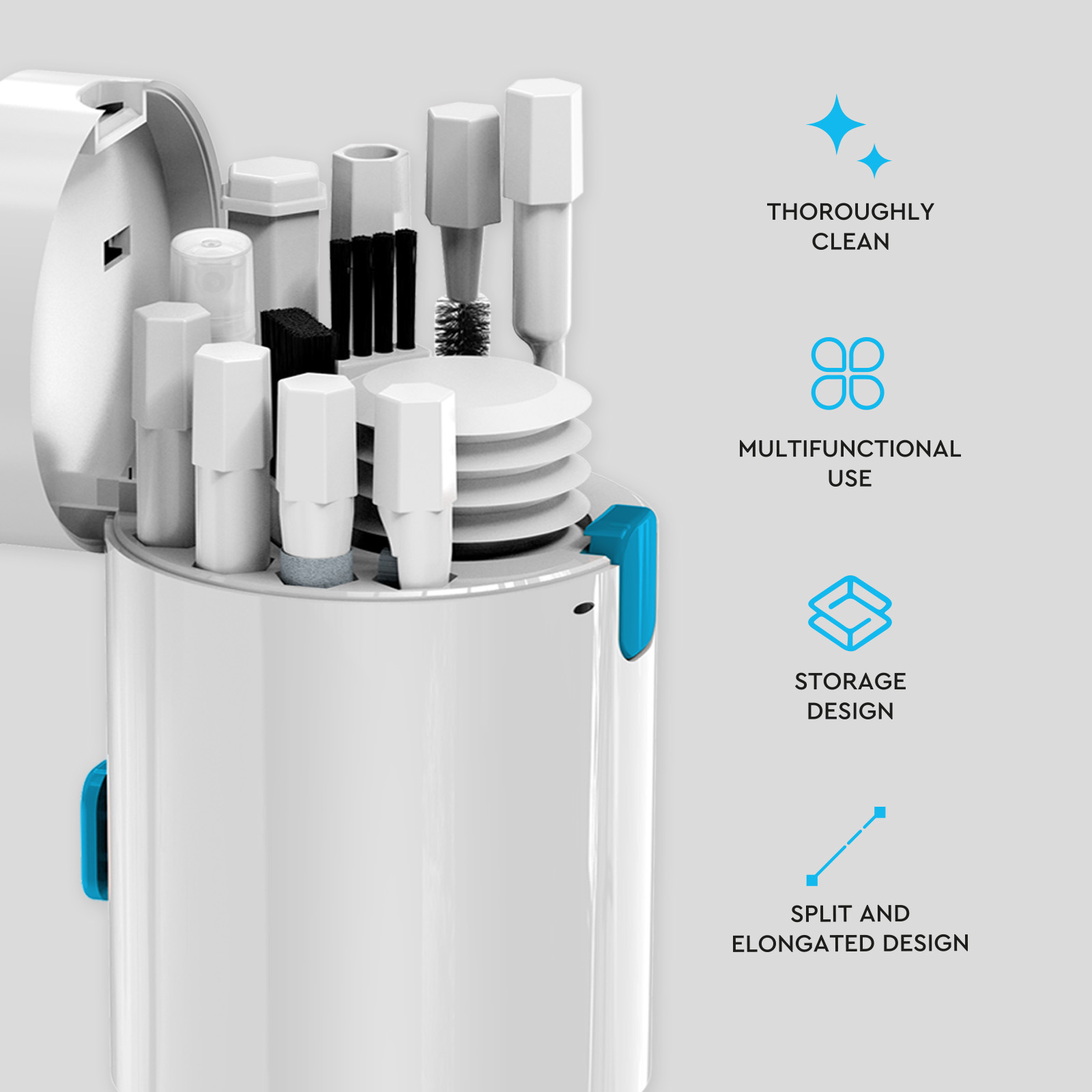 Un set de limpieza blanco con varios accesorios en un recipiente cilíndrico.