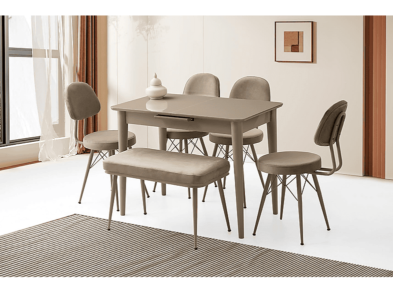 SWEET HOME MASA SANDALYE Mini 60 x 100 Milano MDF Ortadan Açılır 4 Adet Ece 1 Adet Sırtsız Mini Bench Masa Sandalye Takımı