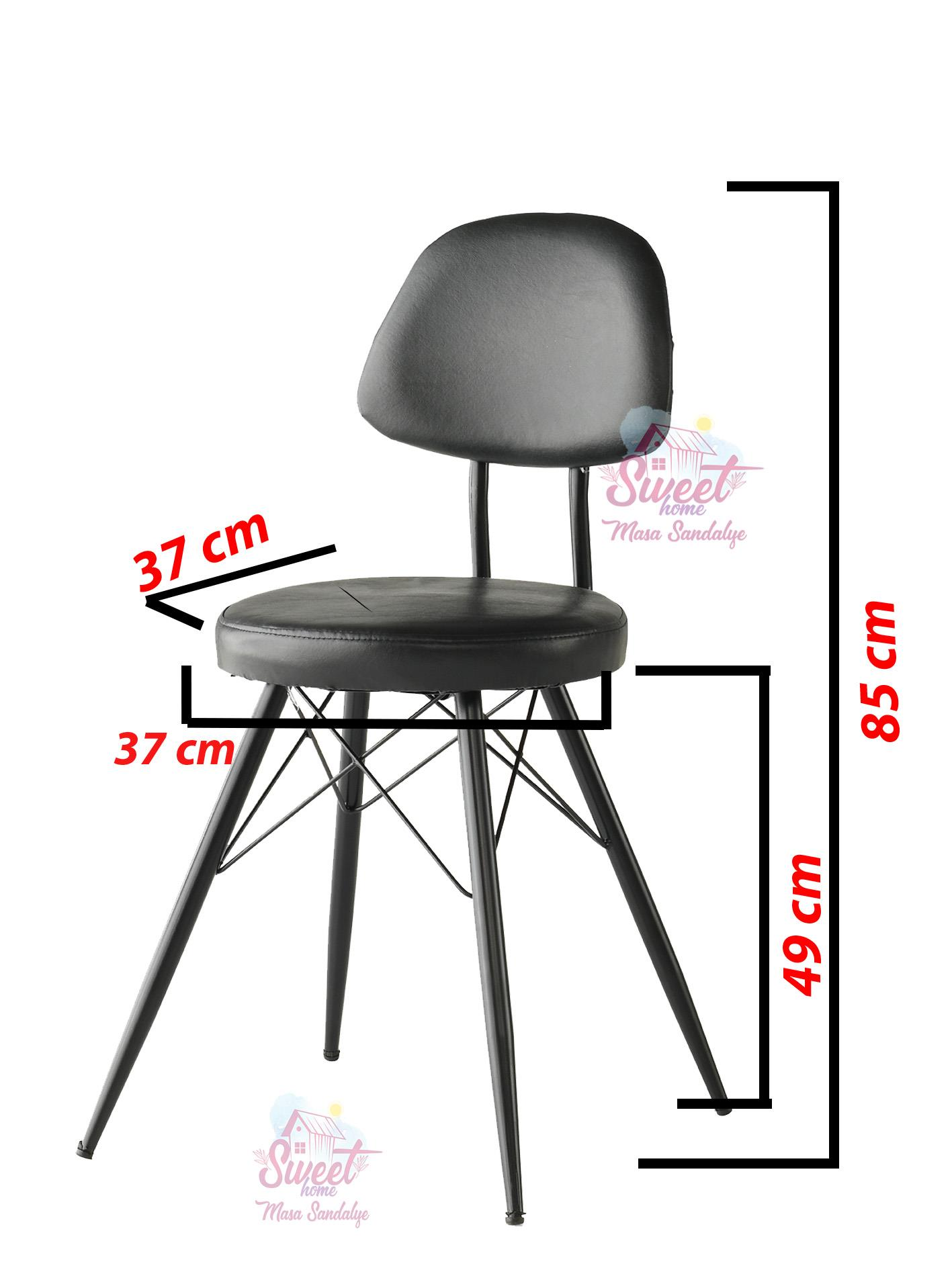 Siyah sandalye ölçüleri: 37cm oturma genişliği, 49cm oturma yüksekliği, 85cm toplam yükseklik.