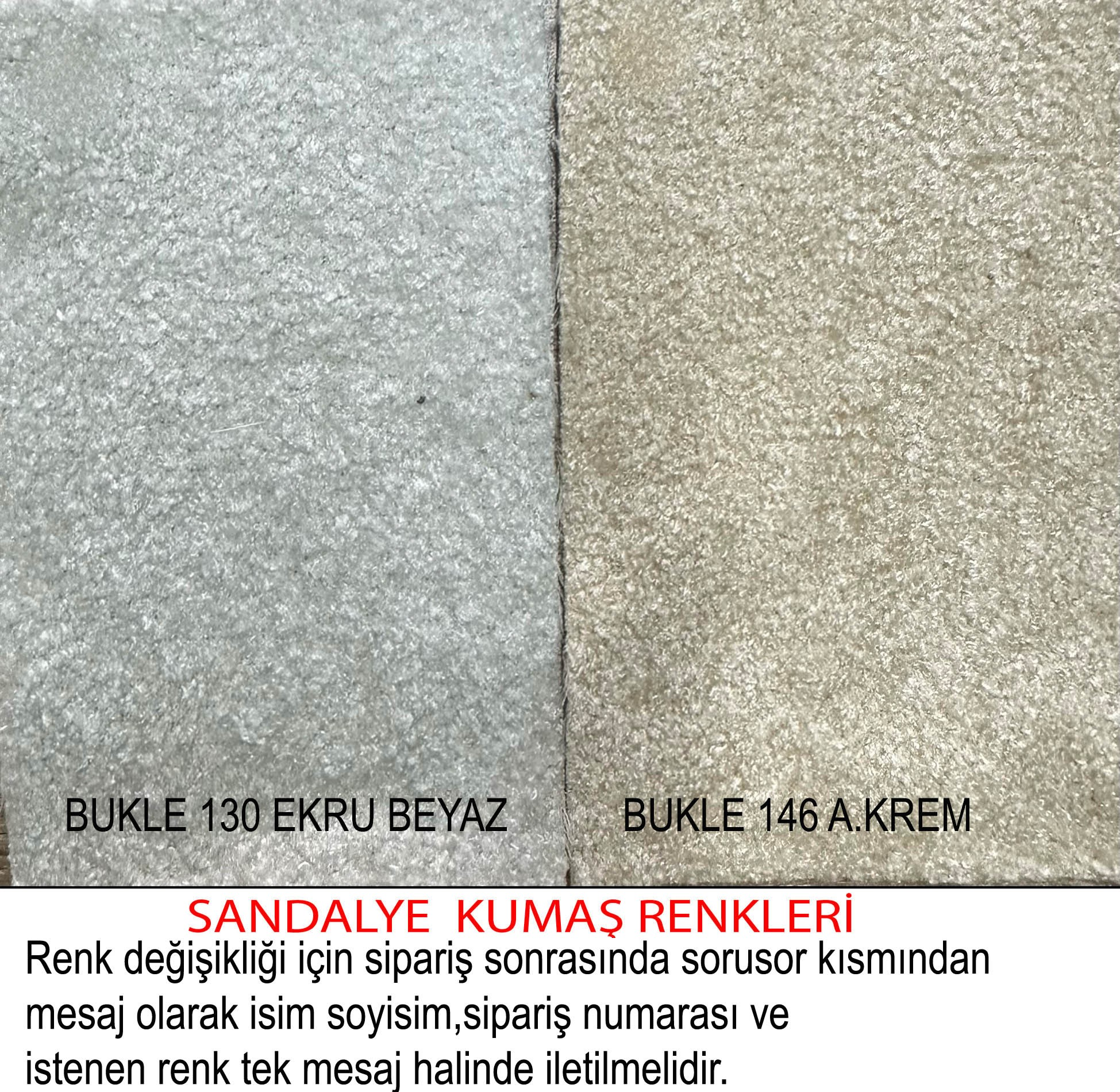 Yan yana iki kumaş örneği: soldaki ekru beyaz, sağdaki krem.
