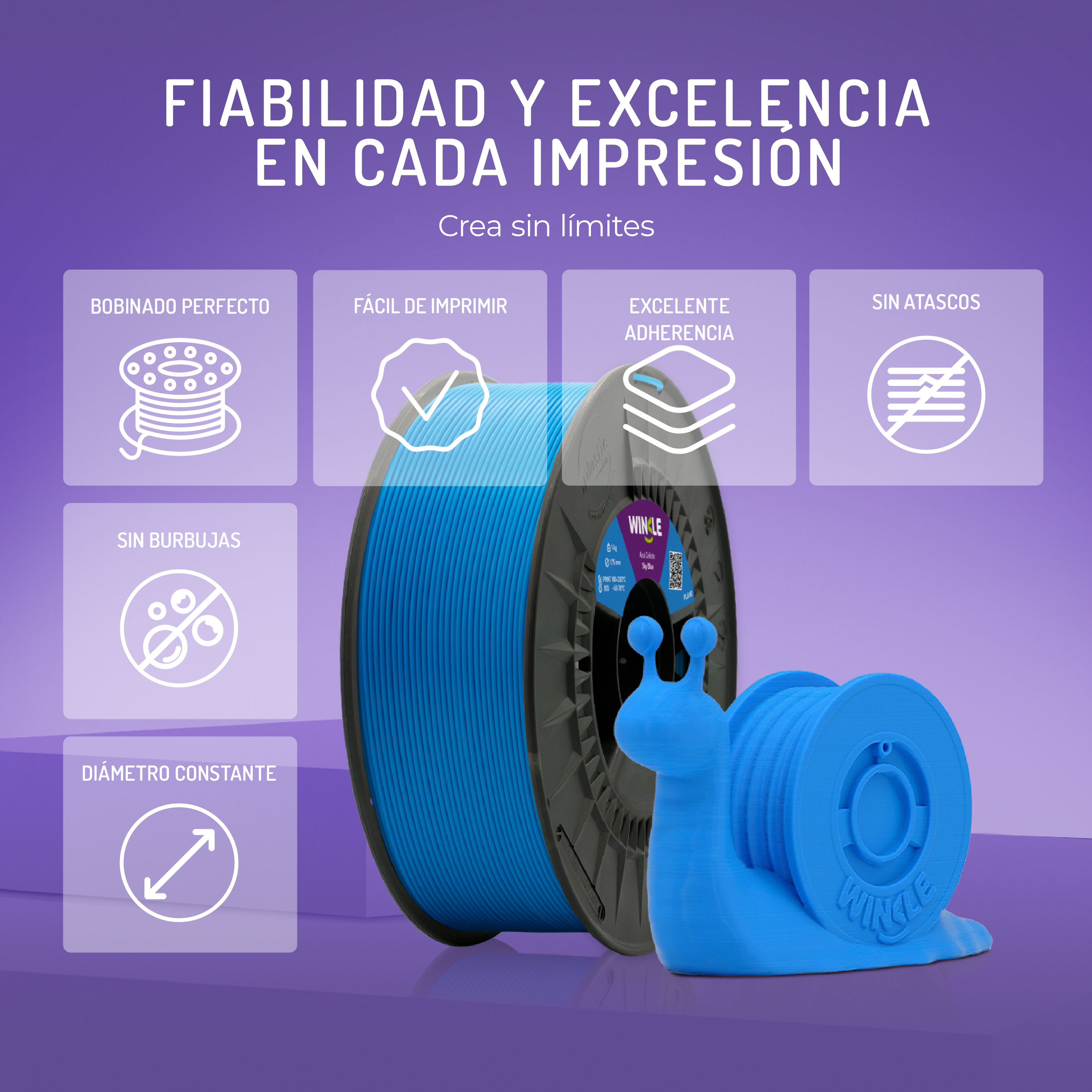 Un carrete de filamento azul para impresora 3D y una figura de caracol.