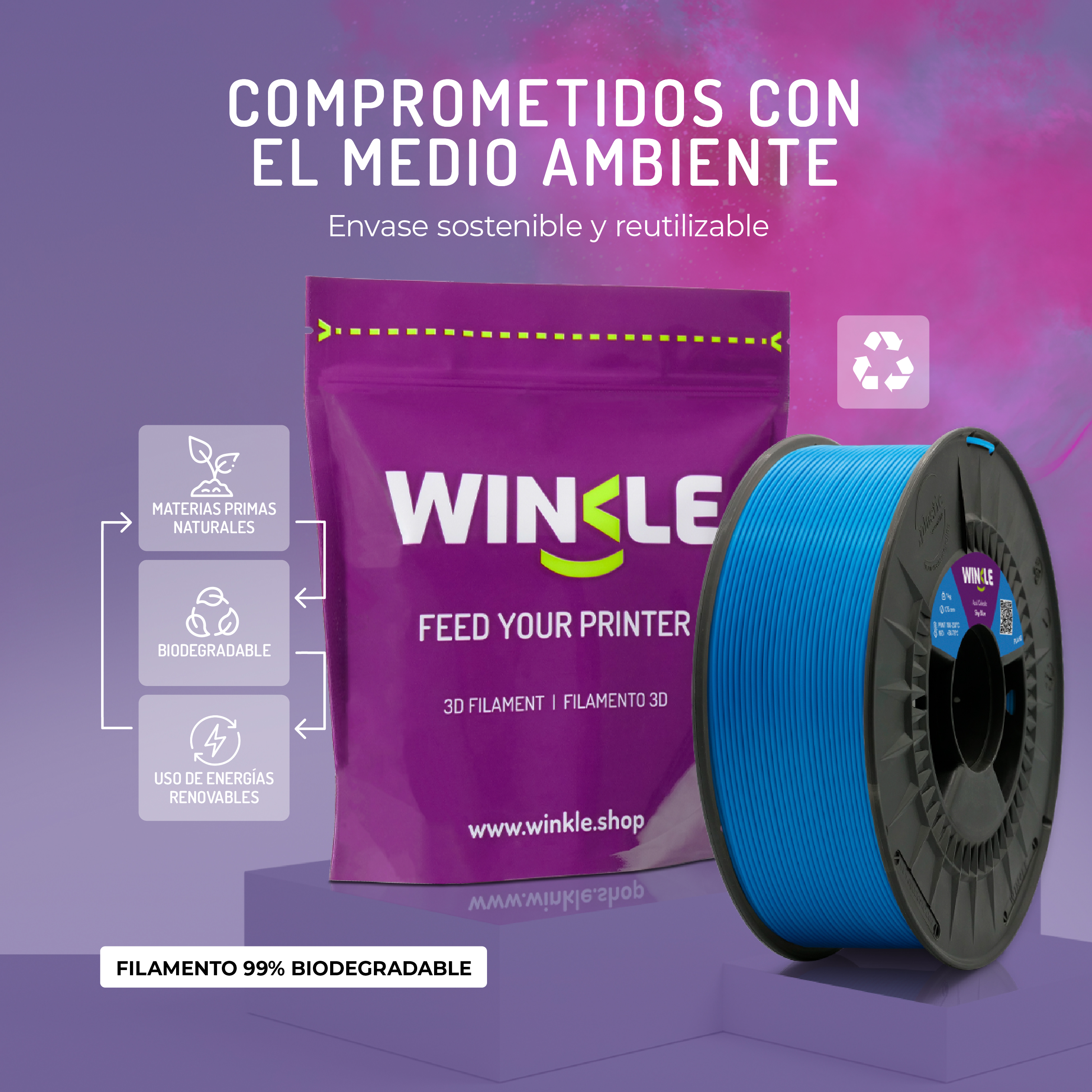 Una bobina de filamento 3D azul junto a un paquete morado con iconos ecológicos.