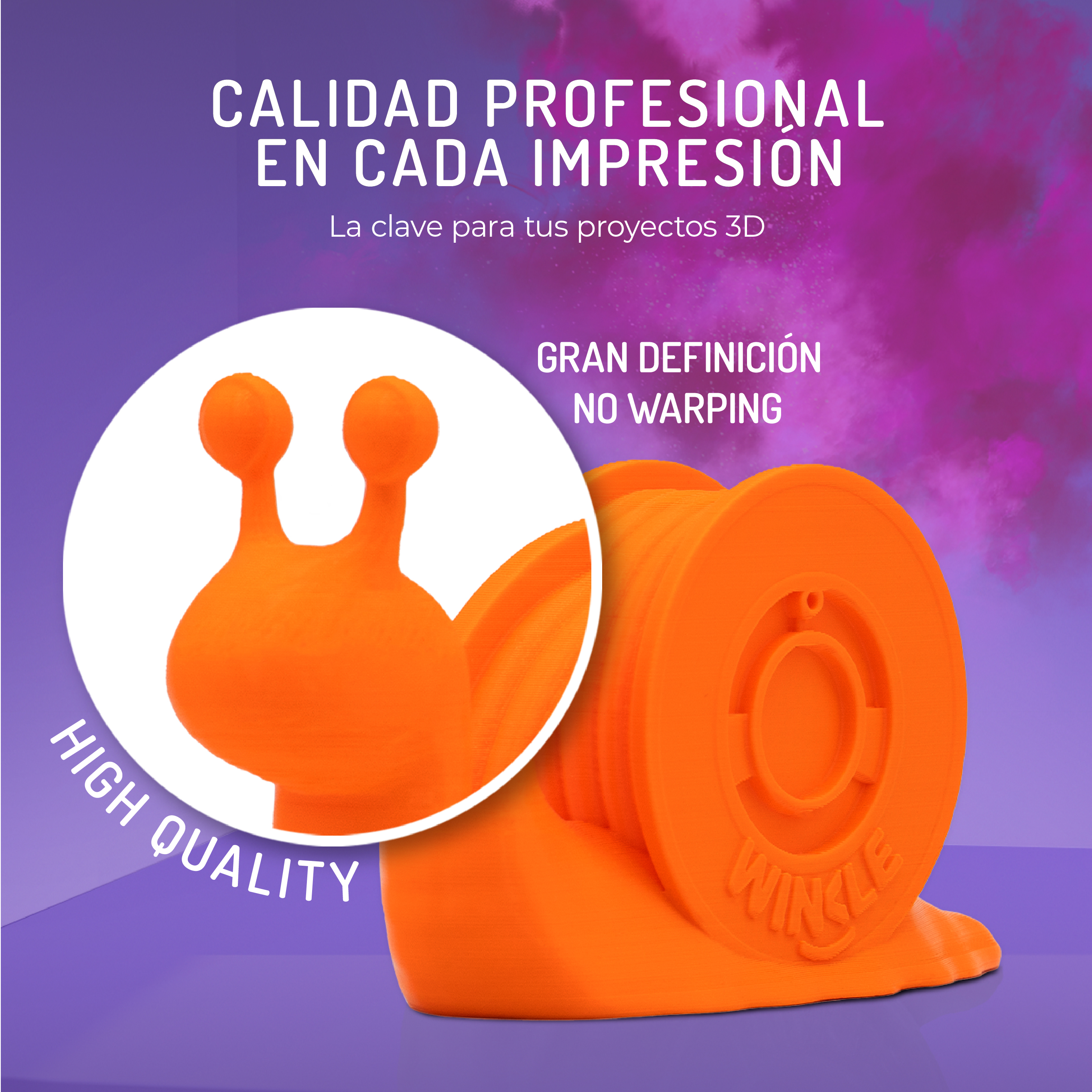 Un amuleto de caracol naranja impreso en 3D con texto. Alta calidad.