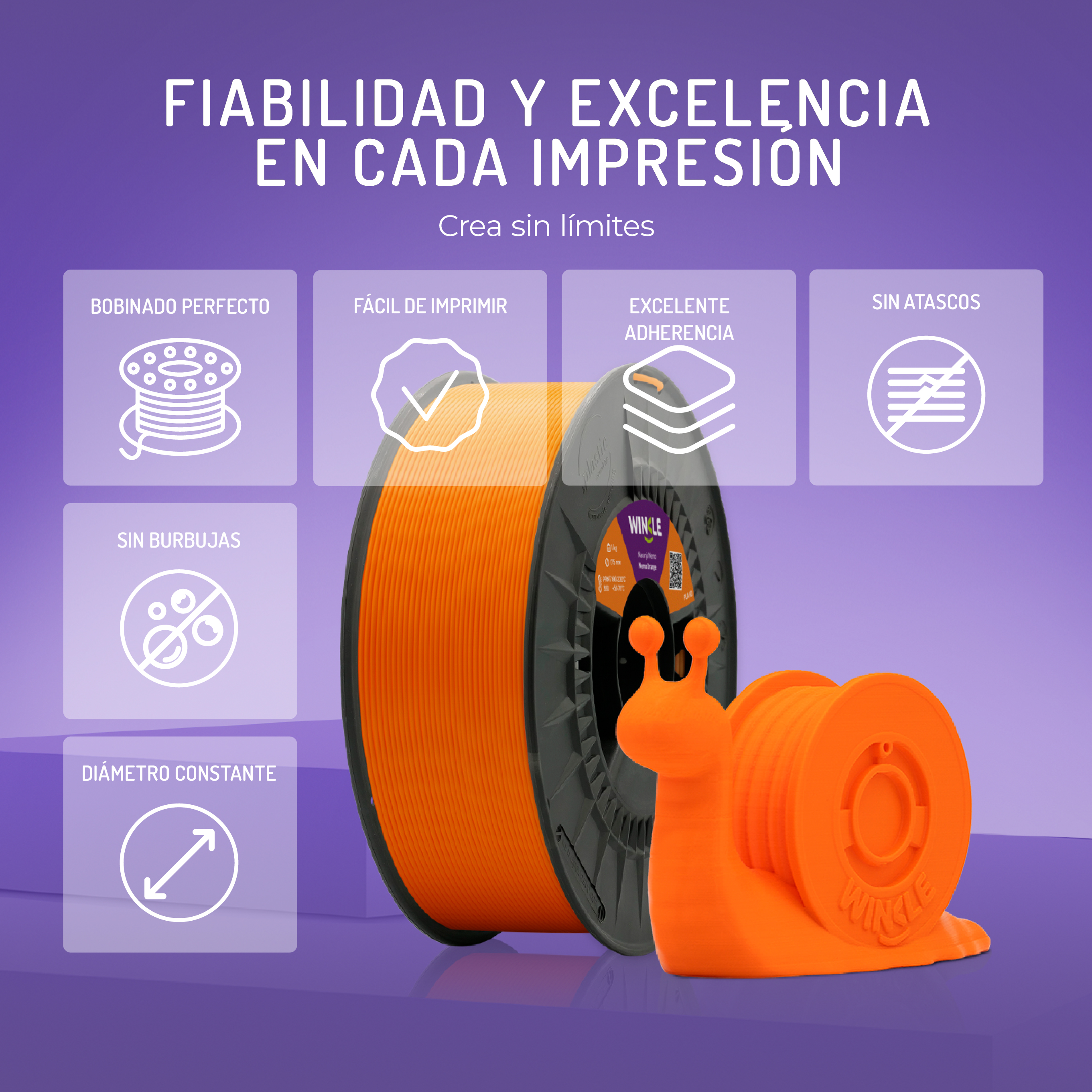 Carrete de filamento naranja para impresora 3D junto a figura de caracol naranja sobre fondo morado.