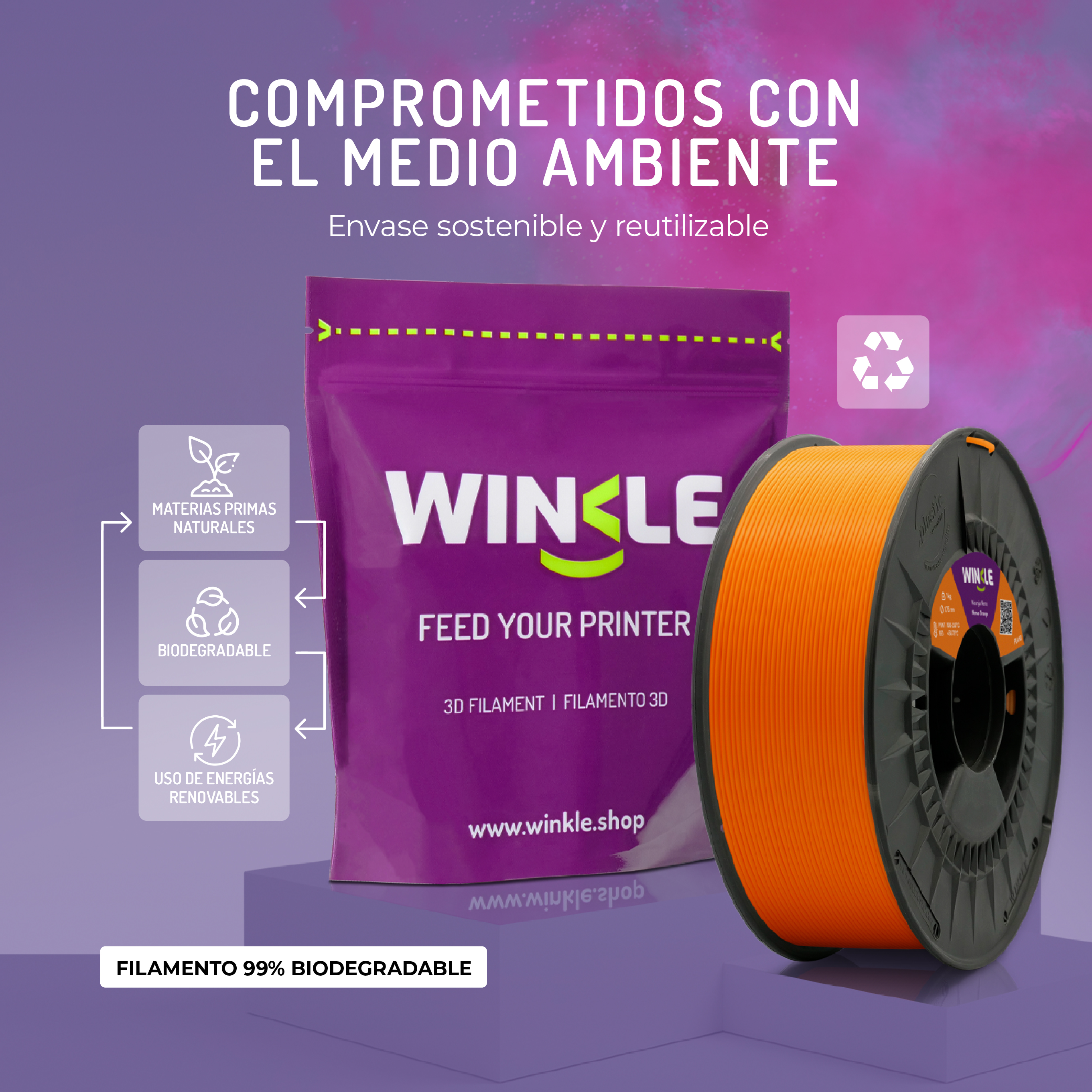 Un rollo de filamento naranja para impresora 3D junto a un paquete morado.