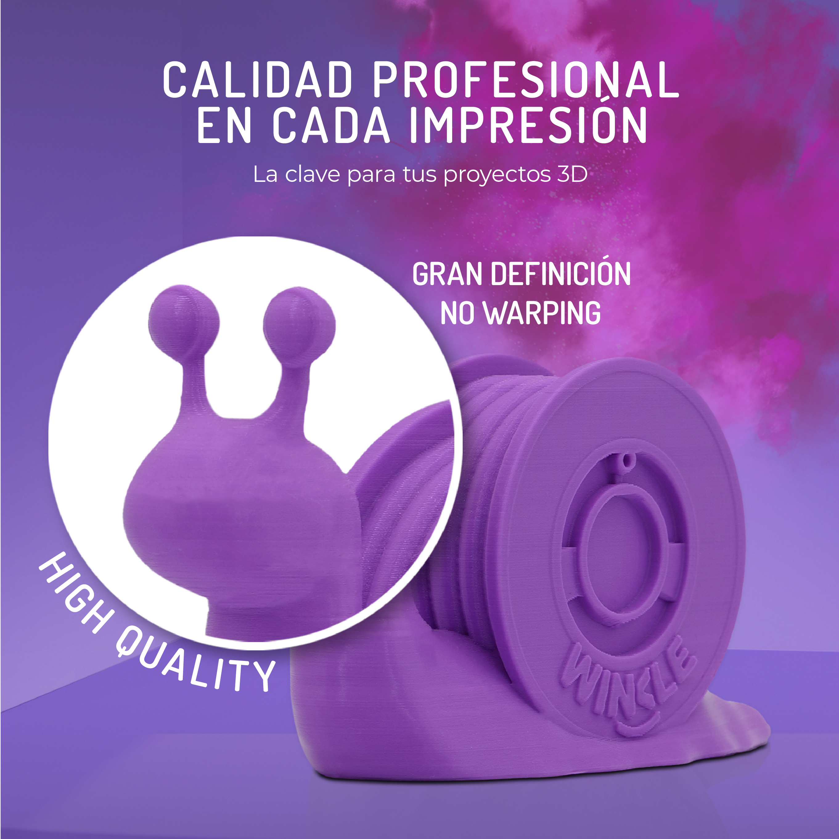 Un caracol morado impreso en 3D con carrete y texto.