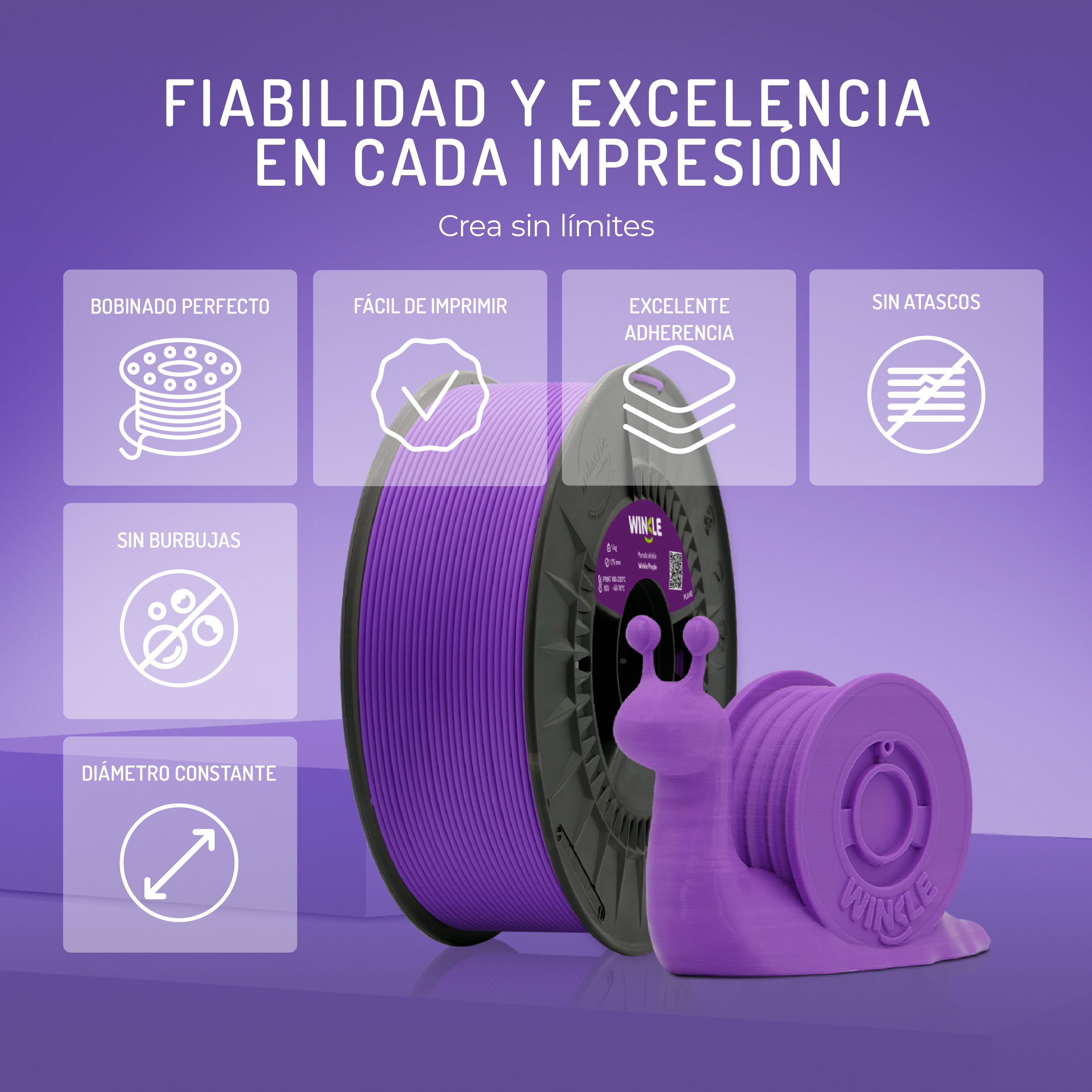 Carrete de filamento púrpura para impresión 3D con figura de caracol. Varios iconos muestran beneficios.