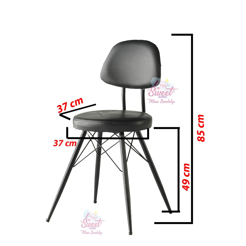 Metal ayaklı siyah sandalye, oturma yüksekliği 49 cm, toplam yükseklik 85 cm.