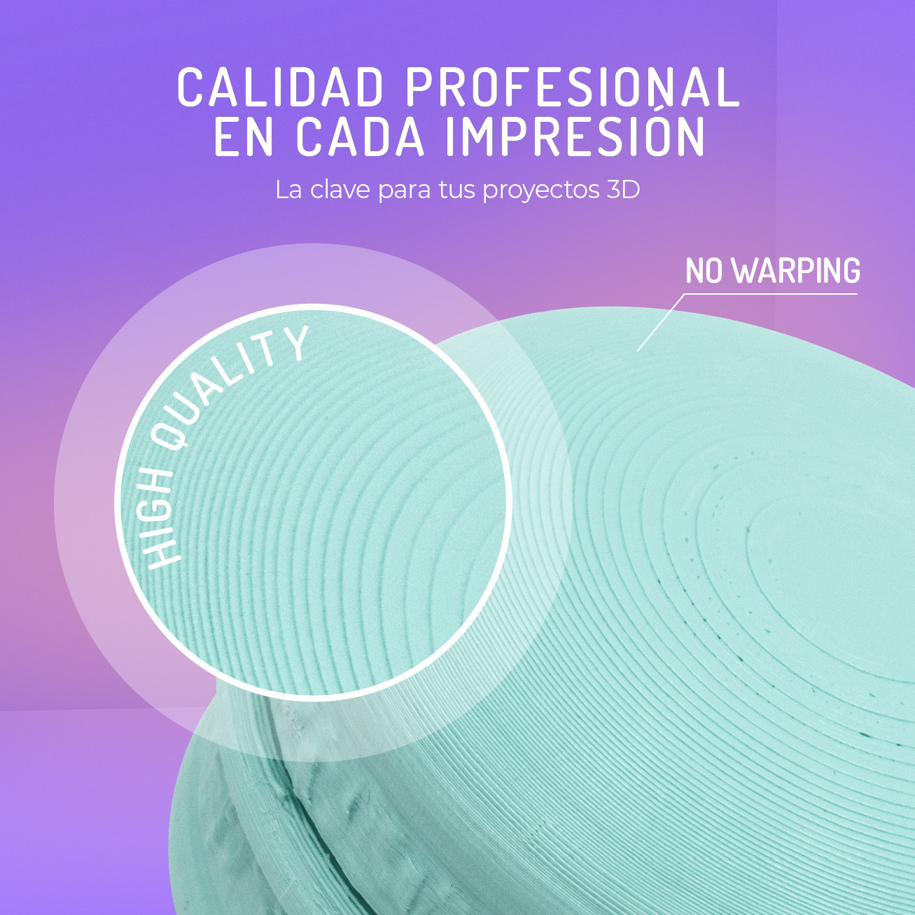 Carrete de filamento verde azulado con sello 'Alta Calidad' y texto 'Sin Deformación'.