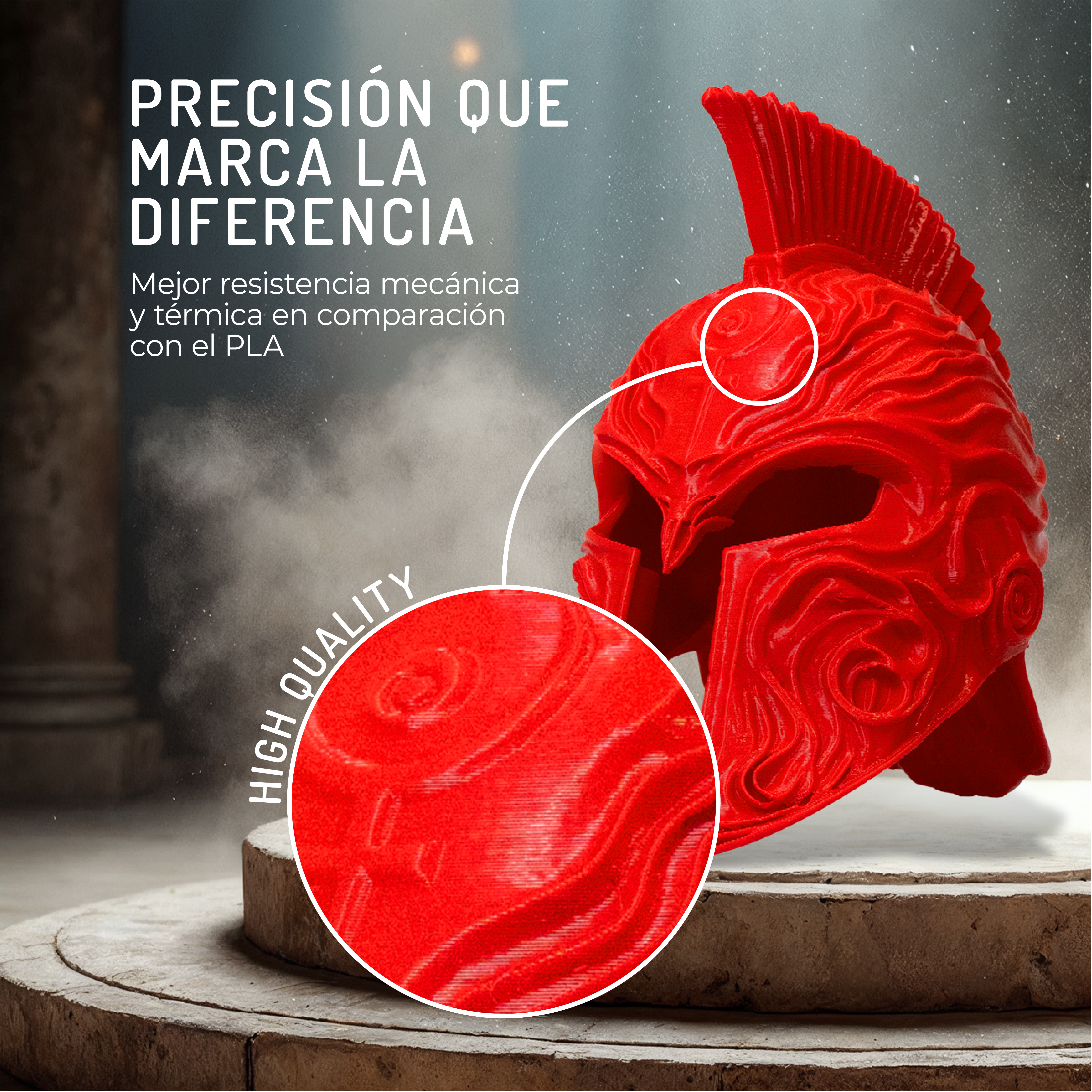 Máscara roja impresa en 3D con patrones detallados en un pedestal.