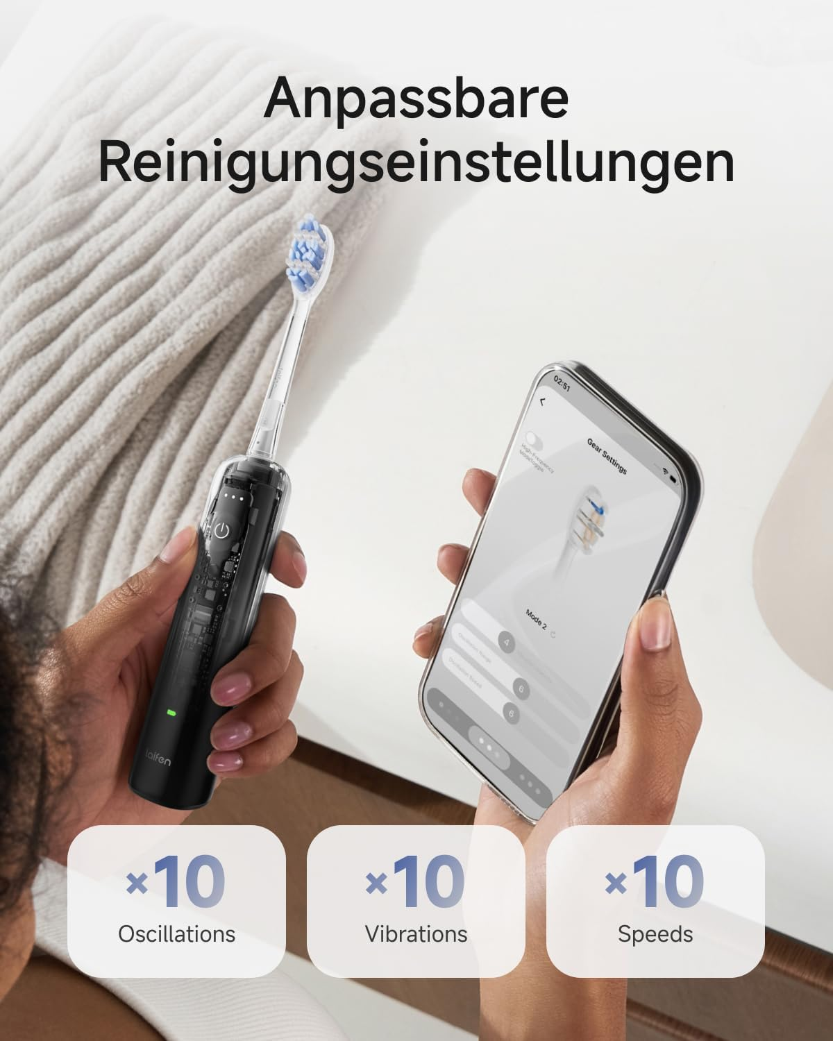 Elektrische Zahnbürste mit Smartphone-App zur Einstellung von 10 Oszillationen, Vibrationen und Geschwindigkeiten.